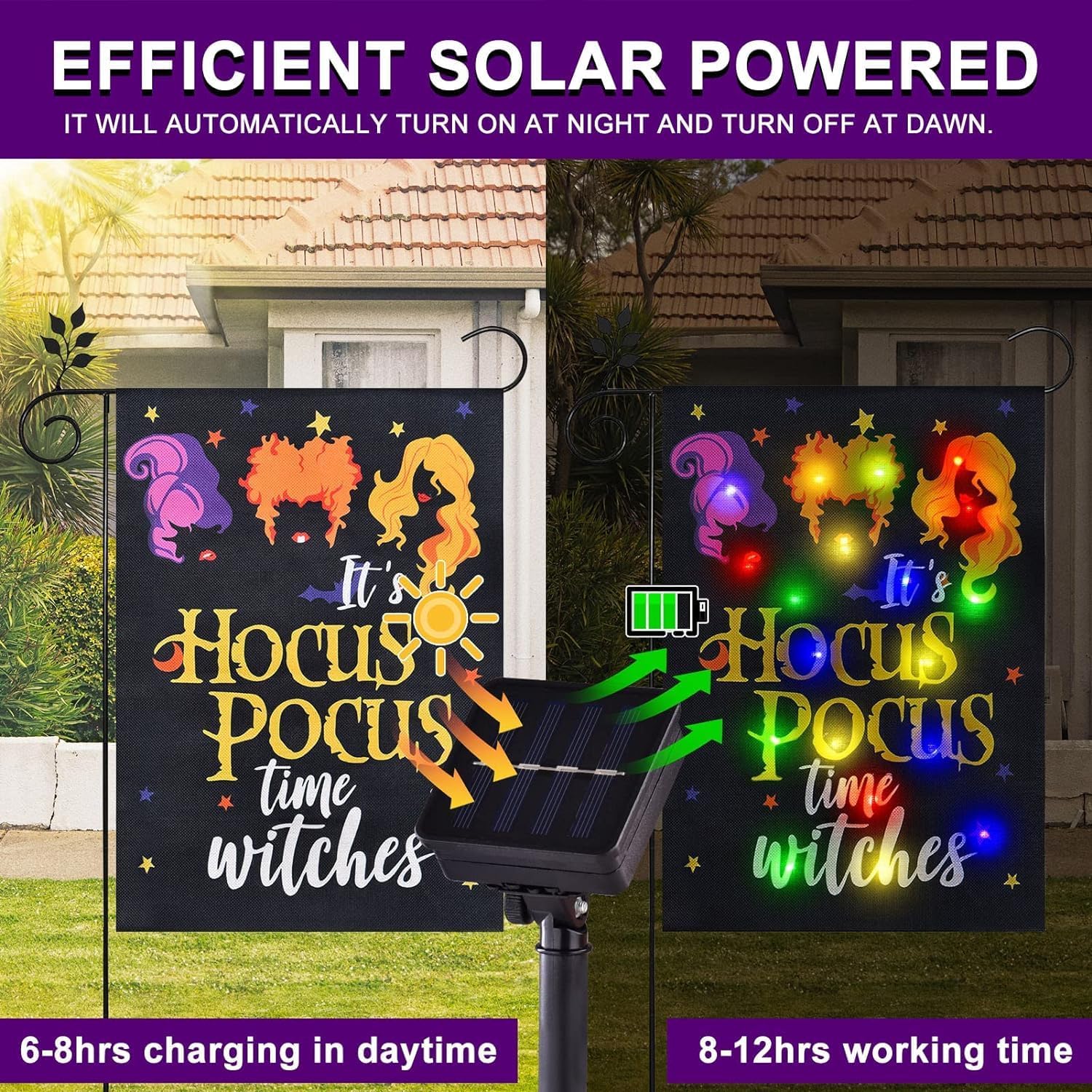 Solar Lighted Halloween Garden Flag Witches Decoration