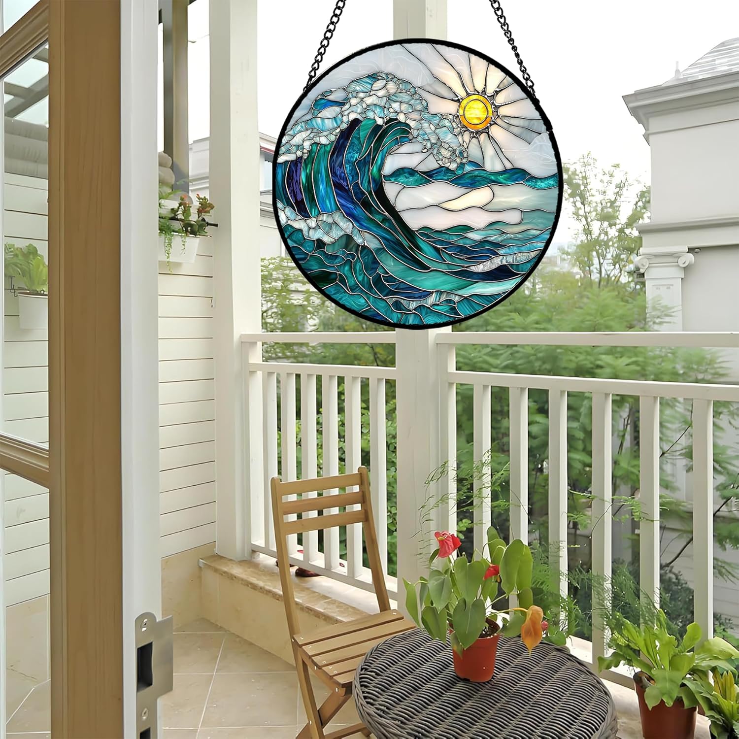 Stained Glass Window Hanging Blue Green Waves Suncatcher 78 Inches