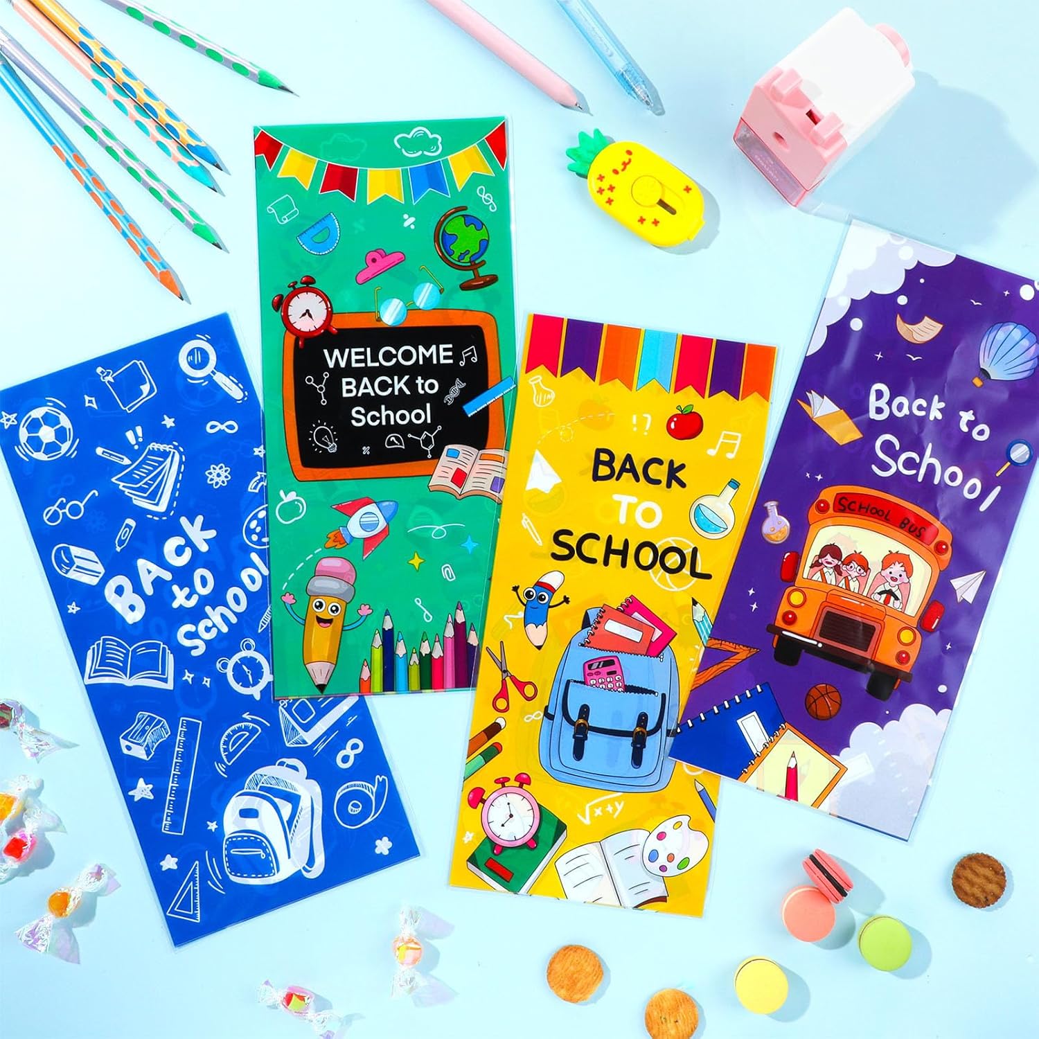 100 Pieces Back to School Cellophane Bags with Twist Ties