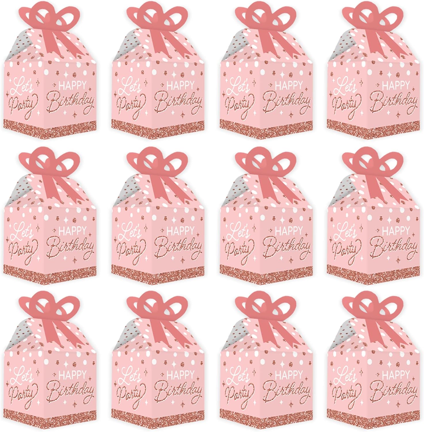 Big Dot of Happiness Pink Rose Gold Birthday Bow Boxes Set of 12