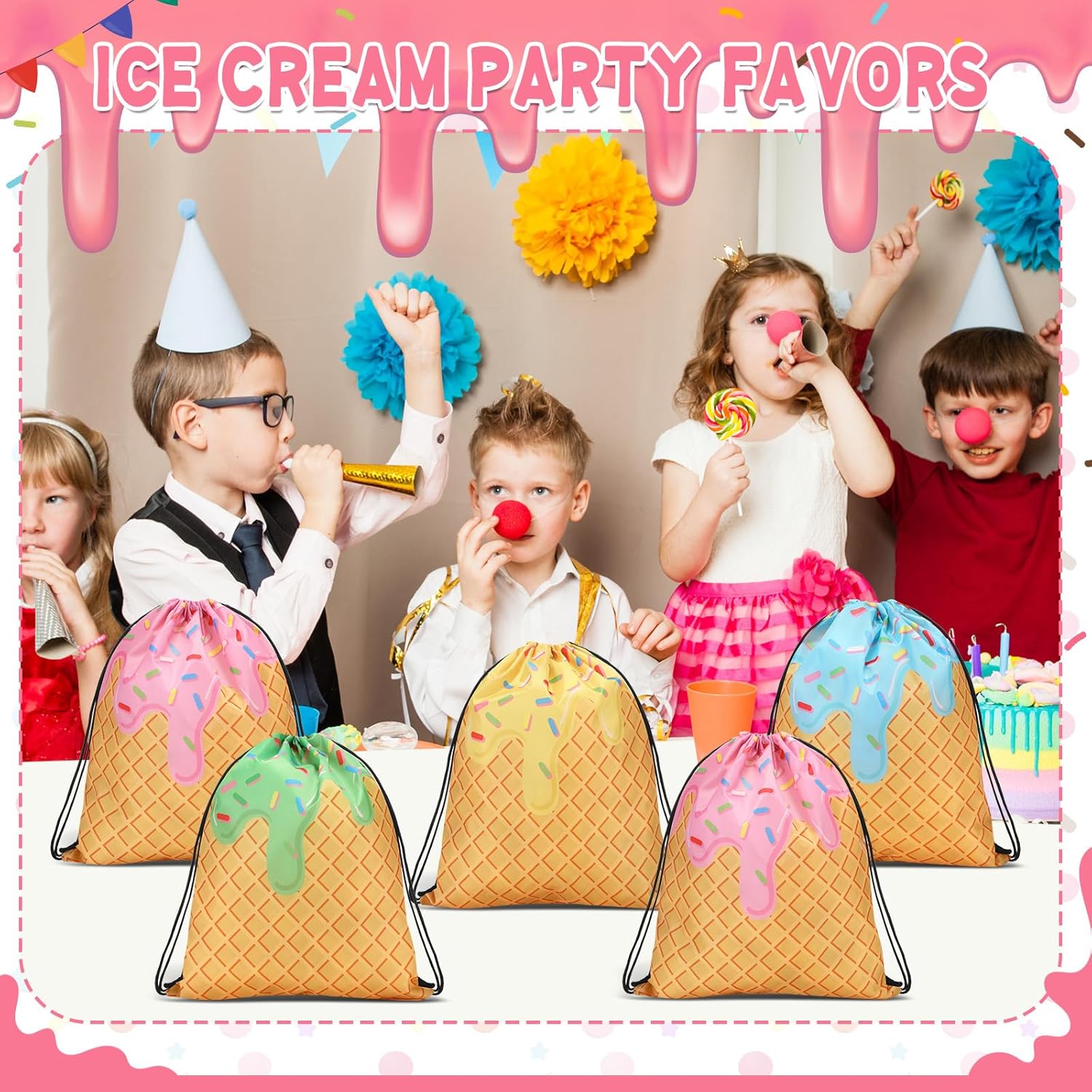 Sunnymove 16 Pcs Ice Cream Gift Bags Cute Drawstring Backpacks