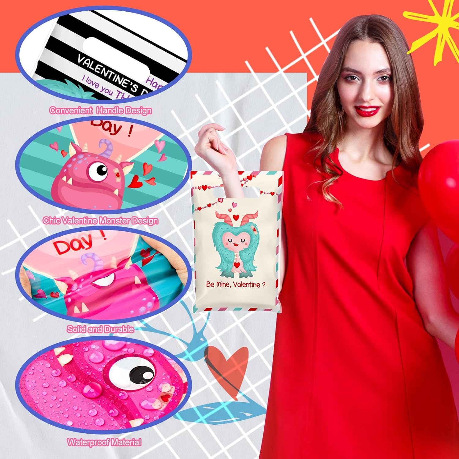 Frienda 100 Plastic Valentine Gift Bags with Handle