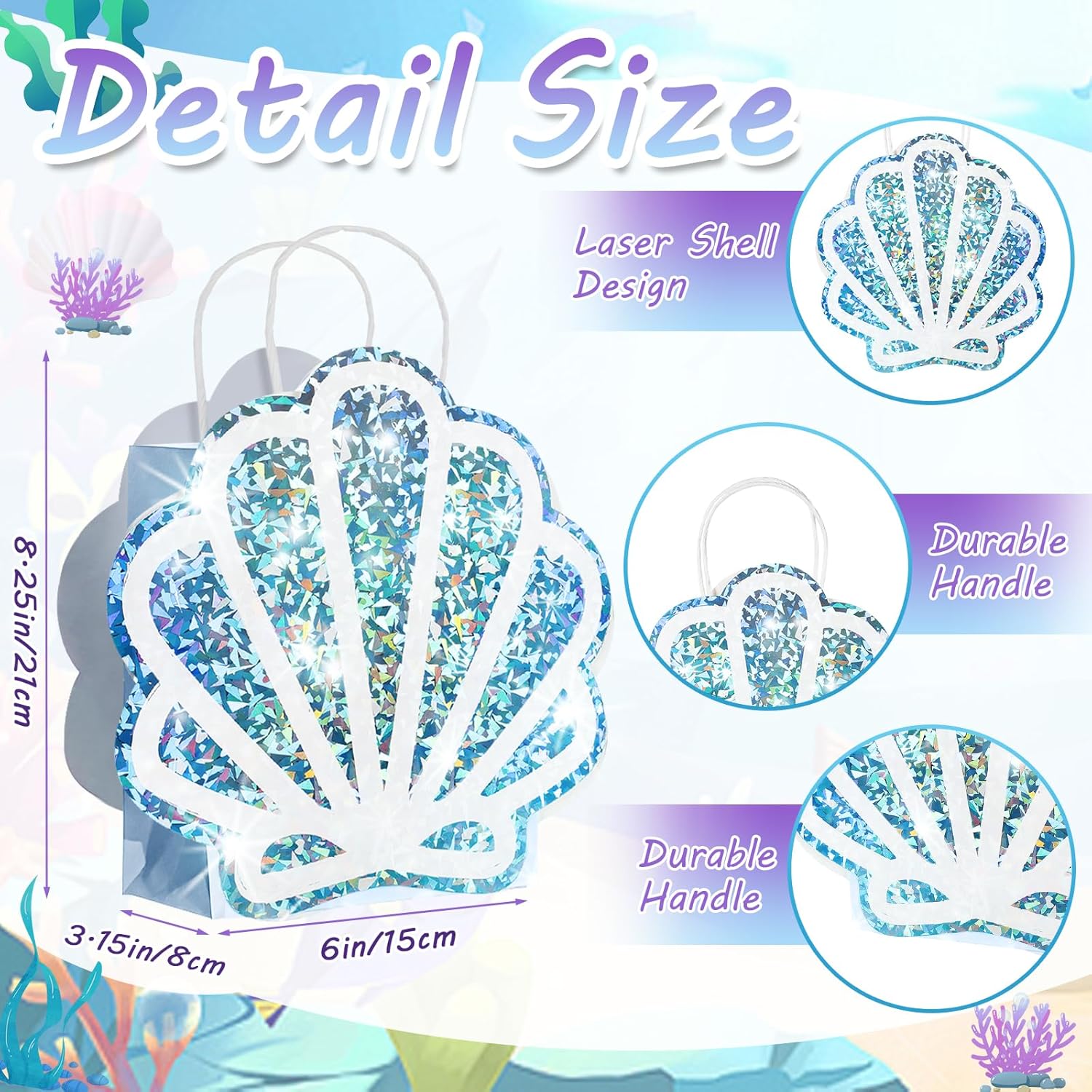 Sariiraw 16 Pack Holographic Seashell Gift Bags with Handles