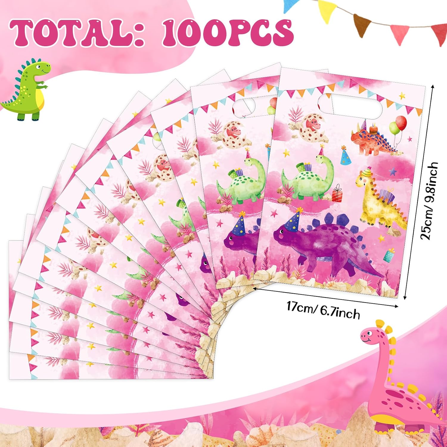 100 Pcs Watercolor Dinosaur Party Favor Bags