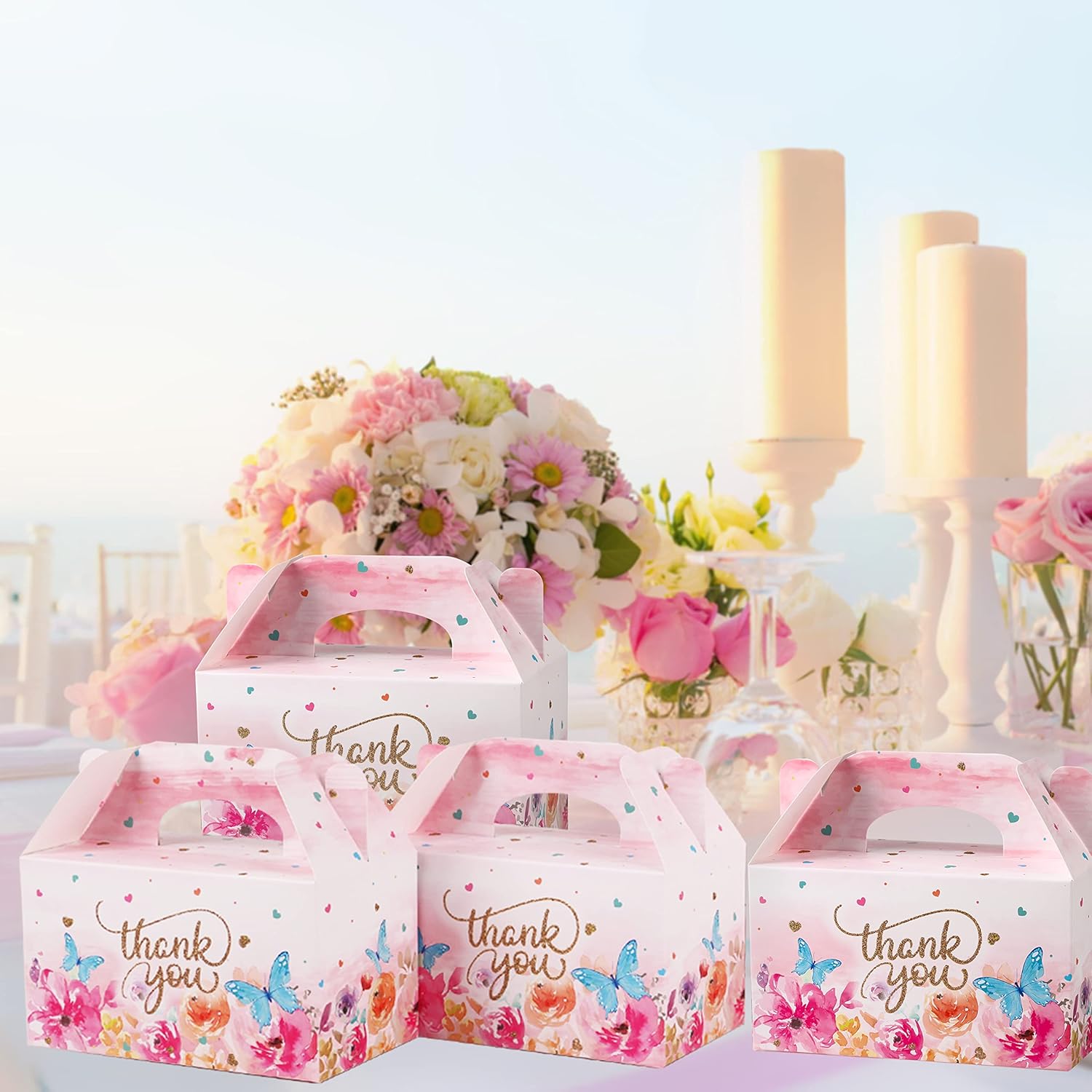 Thank You Treat Boxes 12 Pack Floral Gable Gift Boxes with Handles