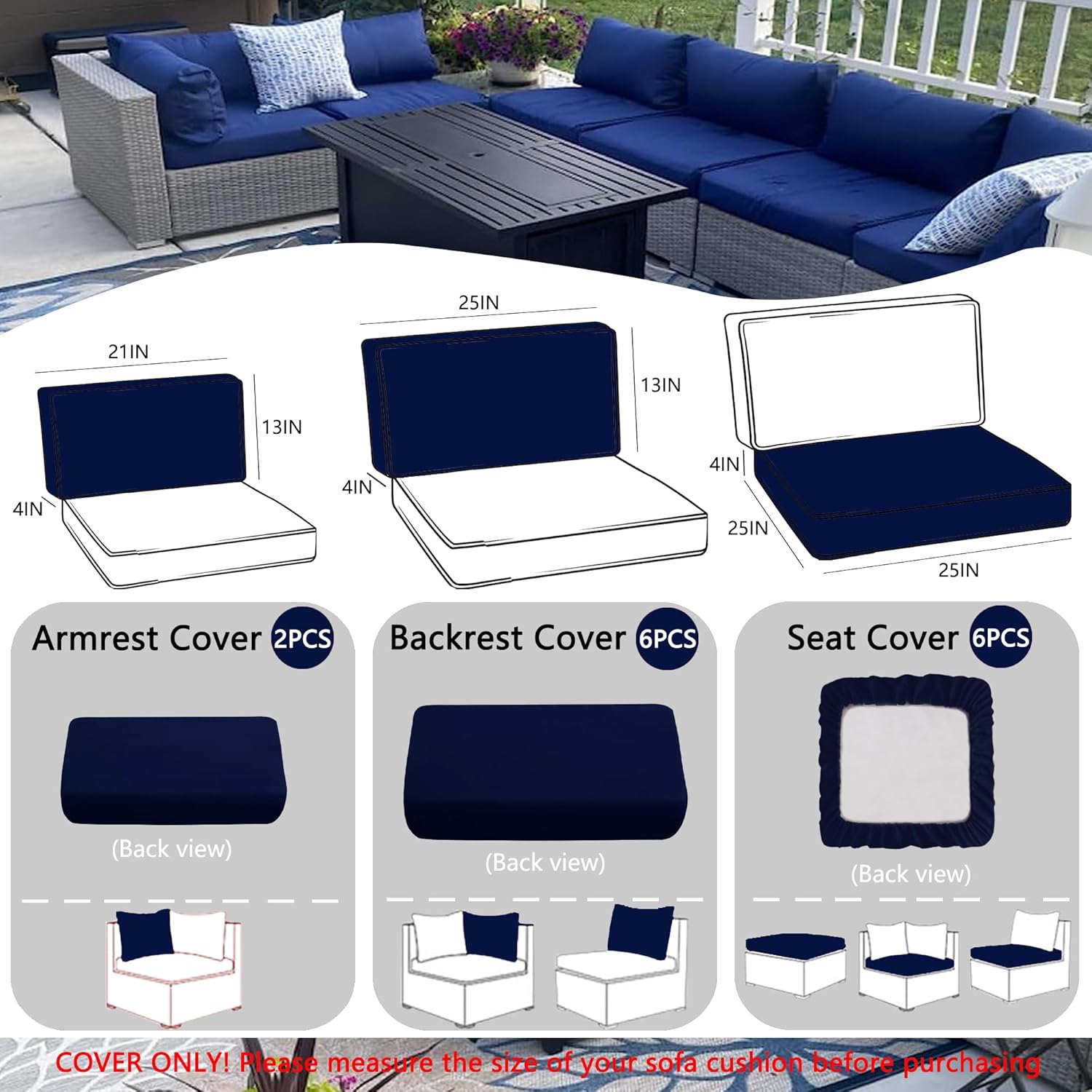 Sqodok Outdoor Cushion Covers 14Pcs Set for 6-Seater Sofa