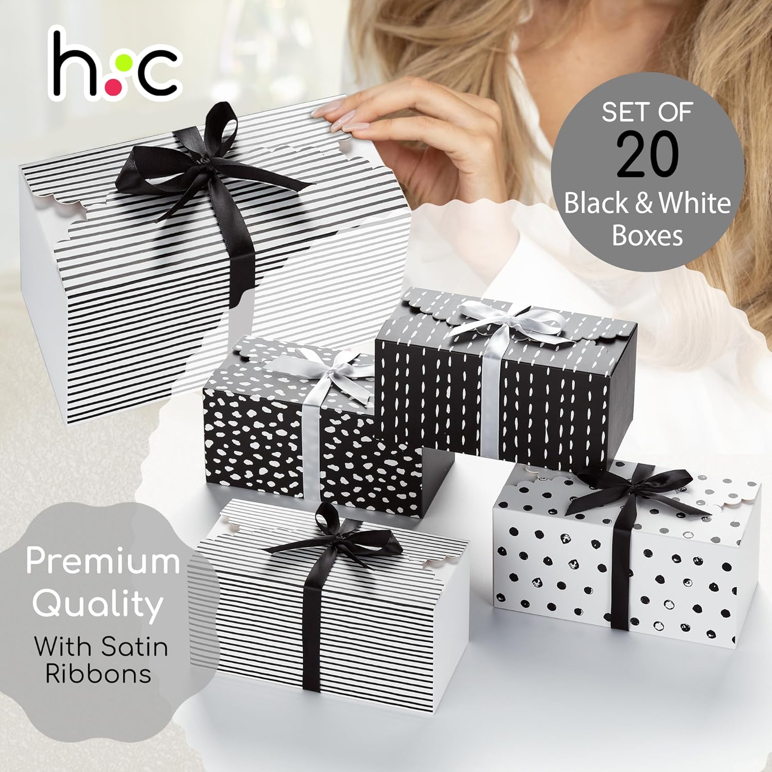 Small Black and White Gift Boxes with Lids and Ribbons 20 Pack 8x4