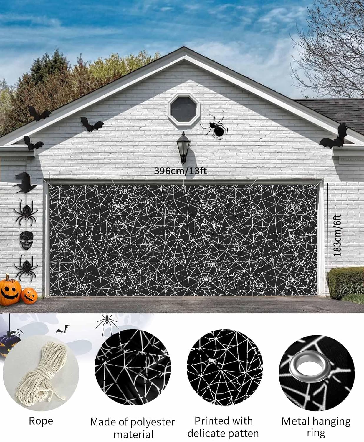 Scary Halloween Black Cobweb Garage Door Cover 7x8ft