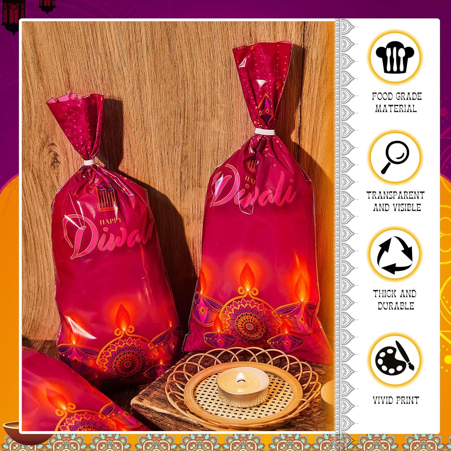 Tenceur 100 Pcs Diwali Cellophane Bags with Ties