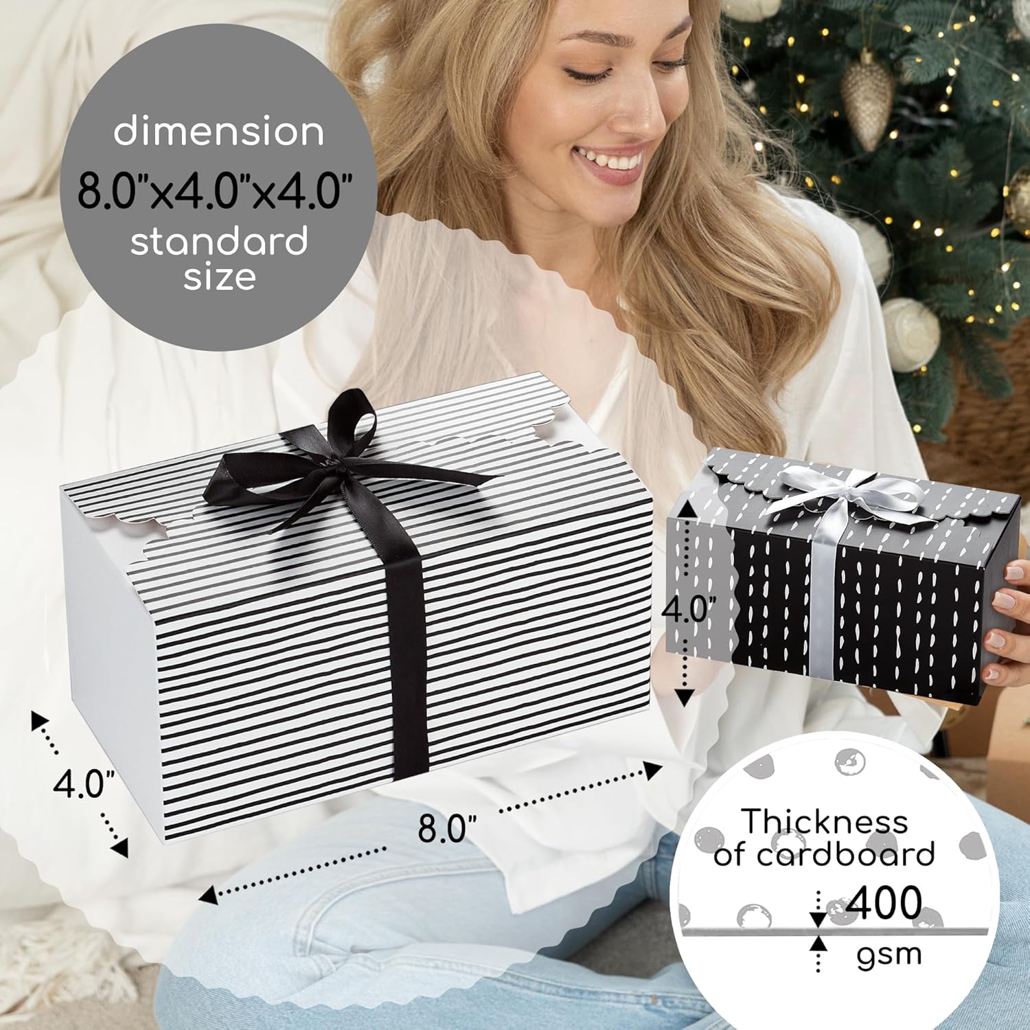 Small Black and White Gift Boxes with Lids and Ribbons 20 Pack 8x4