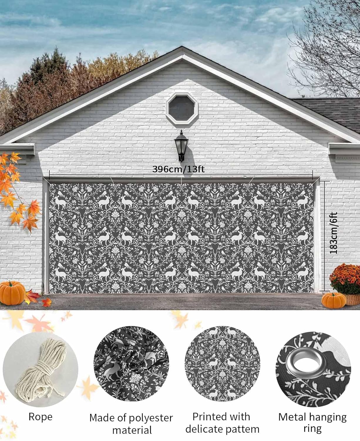 Grey Boho Reindeer Garage Door Cover 6x13ft with Grommets