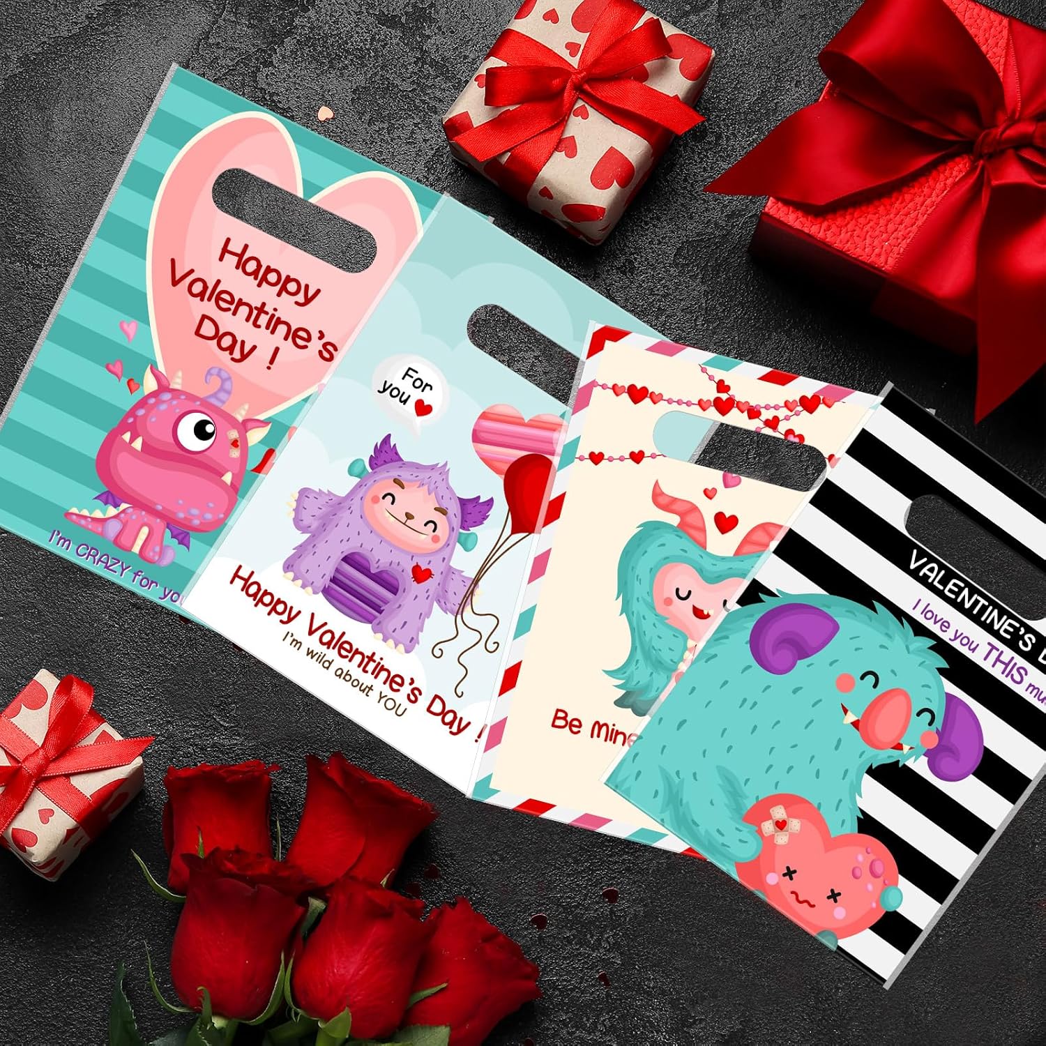 Frienda 100 Plastic Valentine Gift Bags with Handle