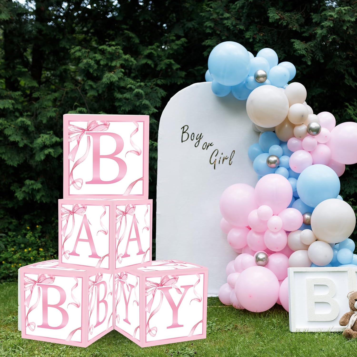 FYSUIMU 4Pcs Baby Shower Letter Box with Pink Bow Balloons