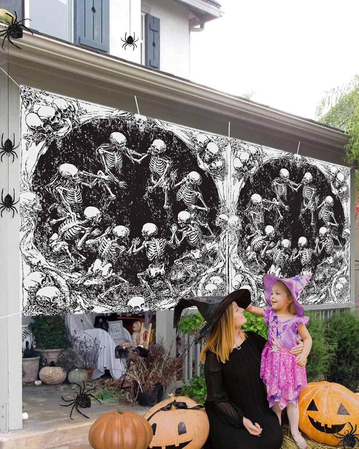 Halloween Skeletons Garage Door Cover 7x8ft Retro Modern Art Banner