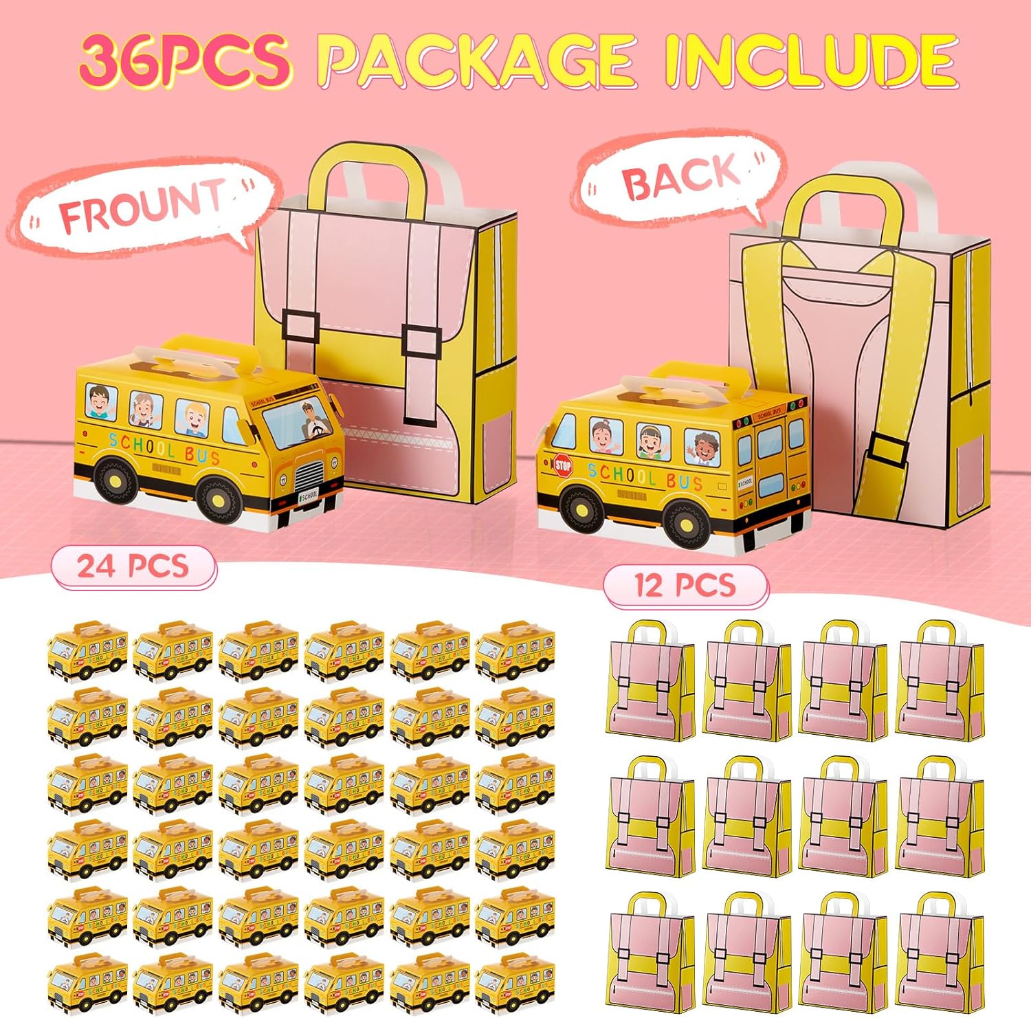 Weysat 36 Pcs School Bus Goodie Box and Backpack Bags Set