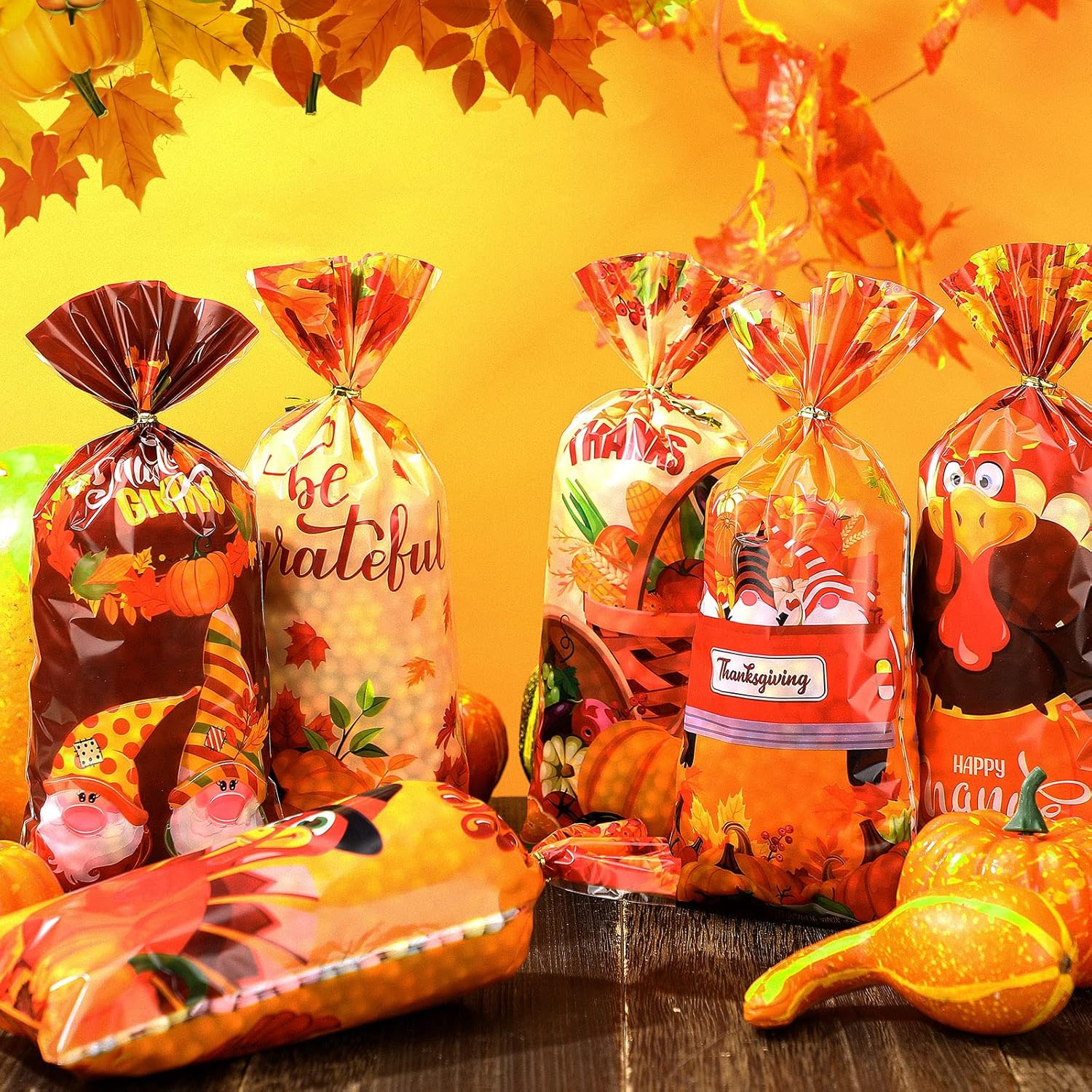 120 Pcs Thanksgiving Cellophane Bags with Gold Twist Ties
