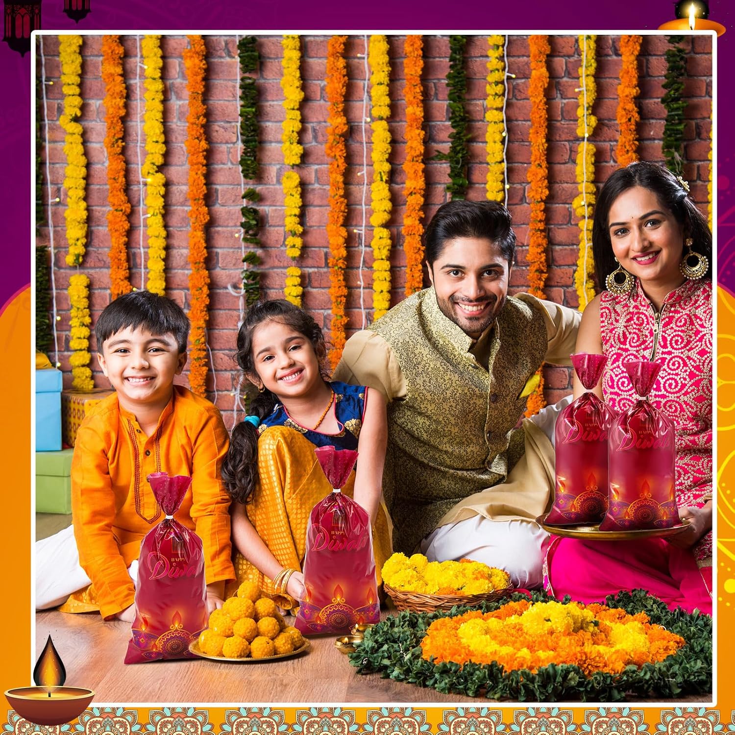 Tenceur 100 Pcs Diwali Cellophane Bags with Ties