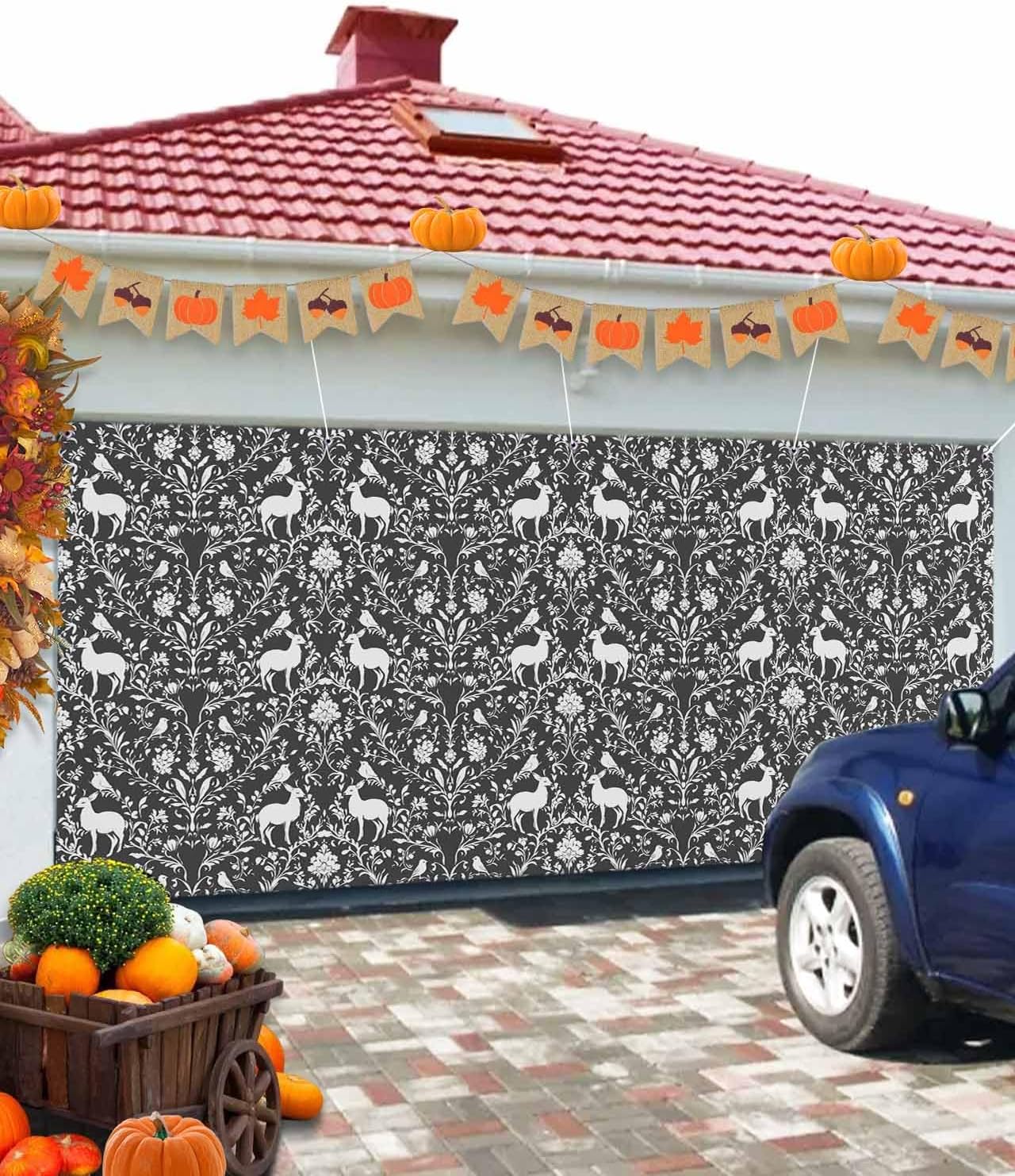 Grey Boho Reindeer Garage Door Cover 6x13ft with Grommets