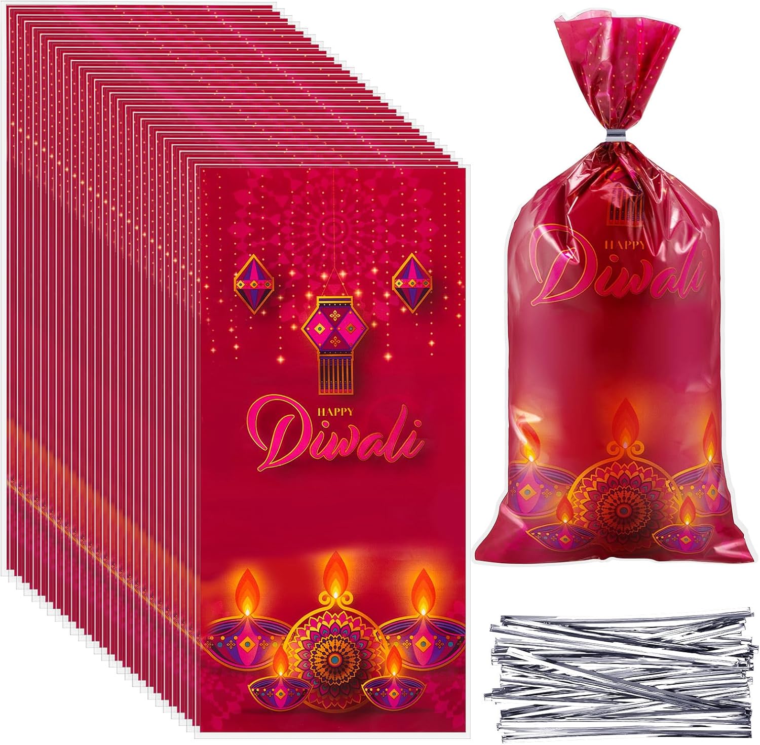Tenceur 100 Pcs Diwali Cellophane Bags with Ties