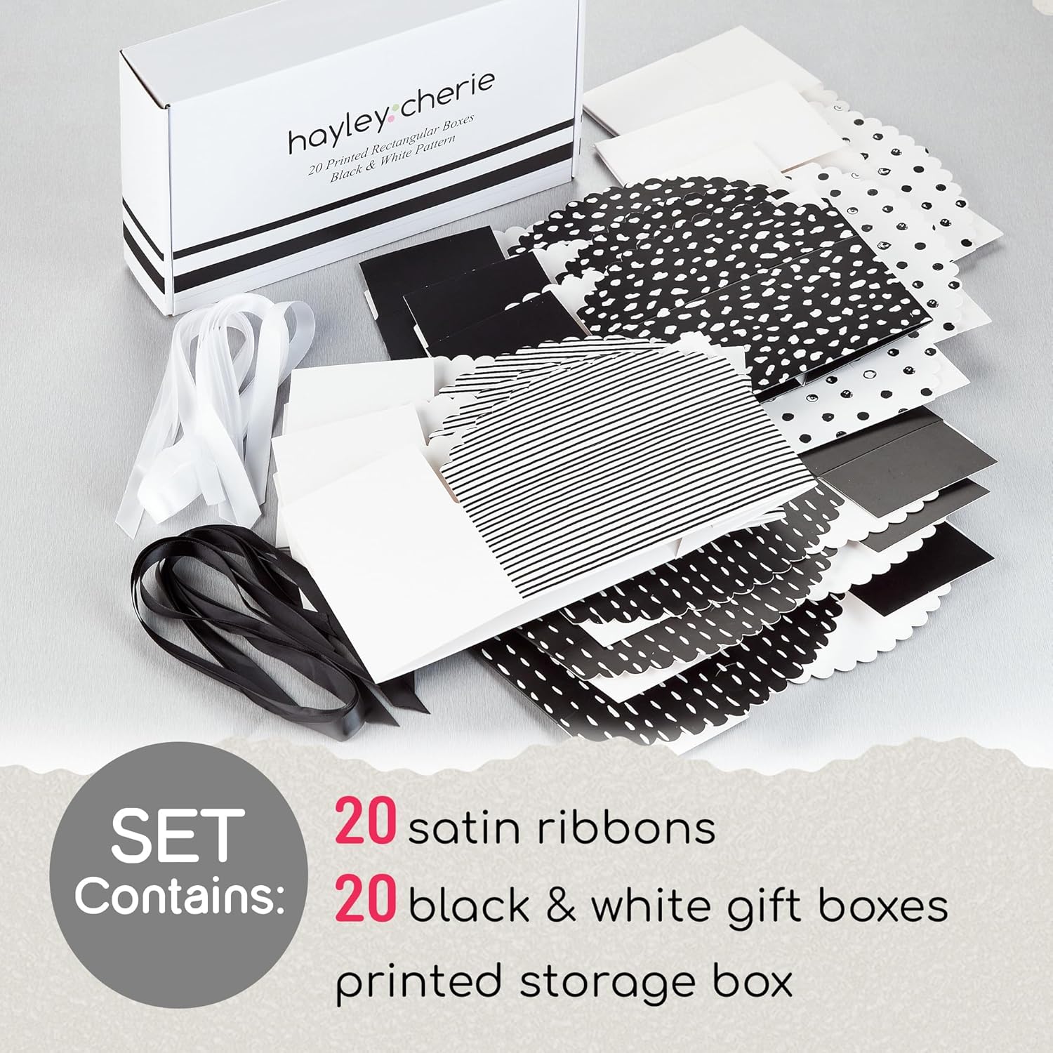 Small Black and White Gift Boxes with Lids and Ribbons 20 Pack 8x4