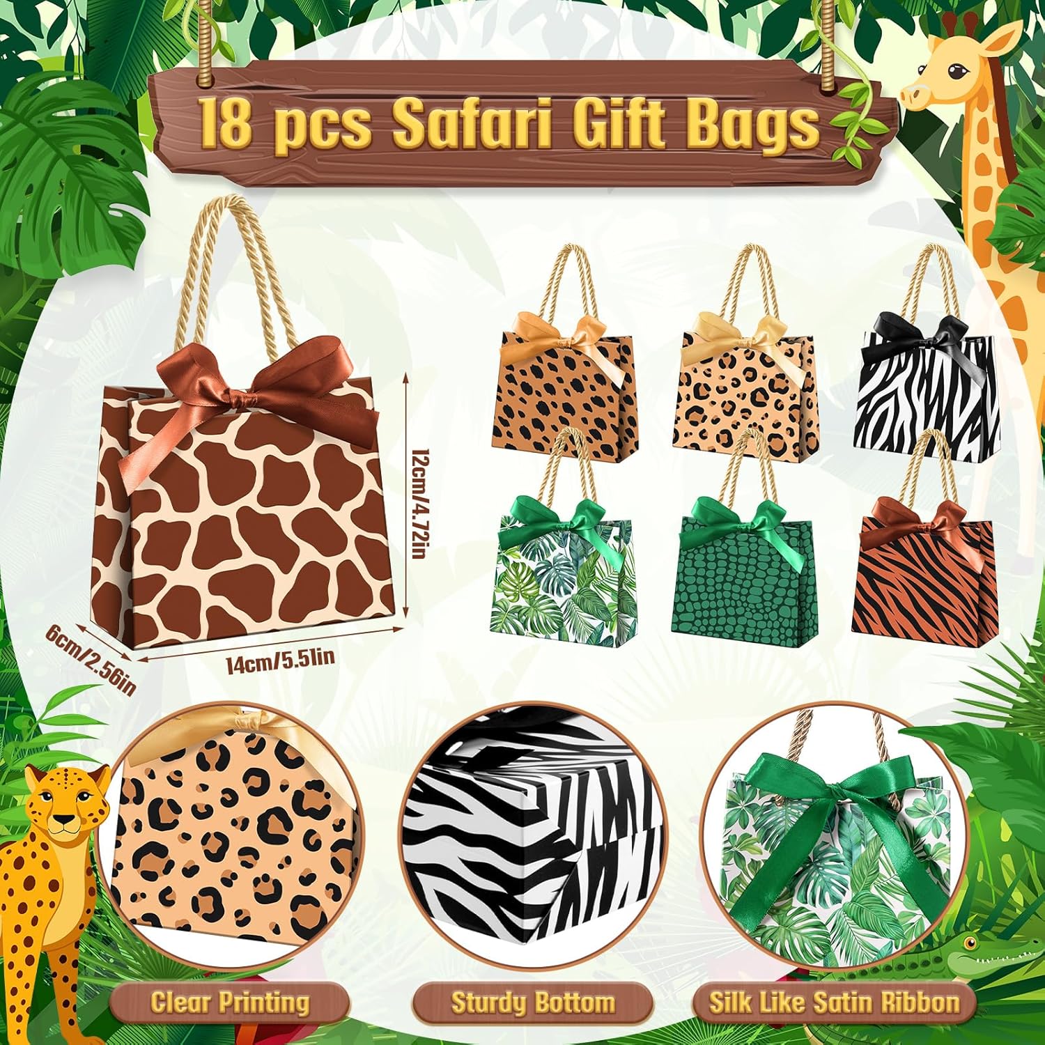 Eersida 18 Pcs Safari Animal Print Gift Bags with Handles