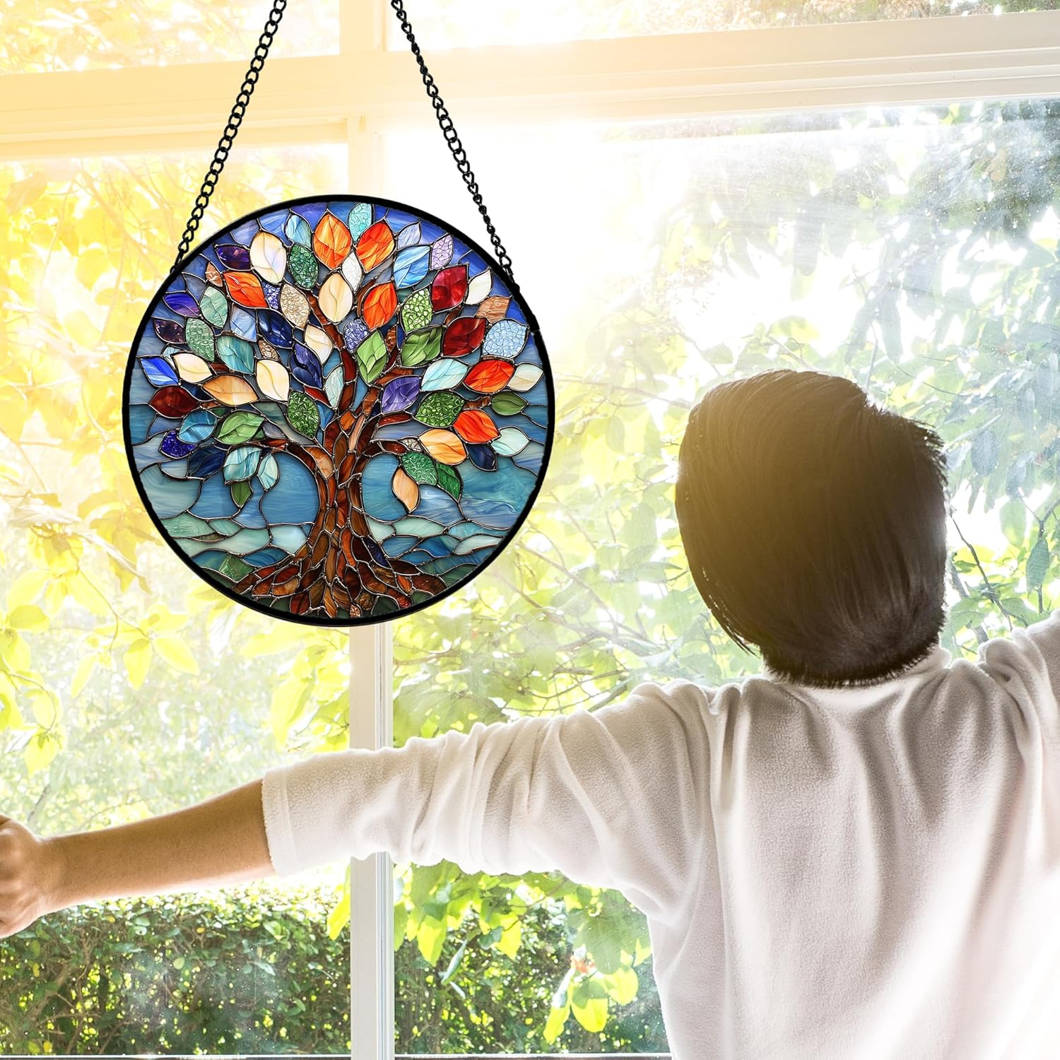 Stained Glass Window Hanging Blue Tree of Life Suncatcher