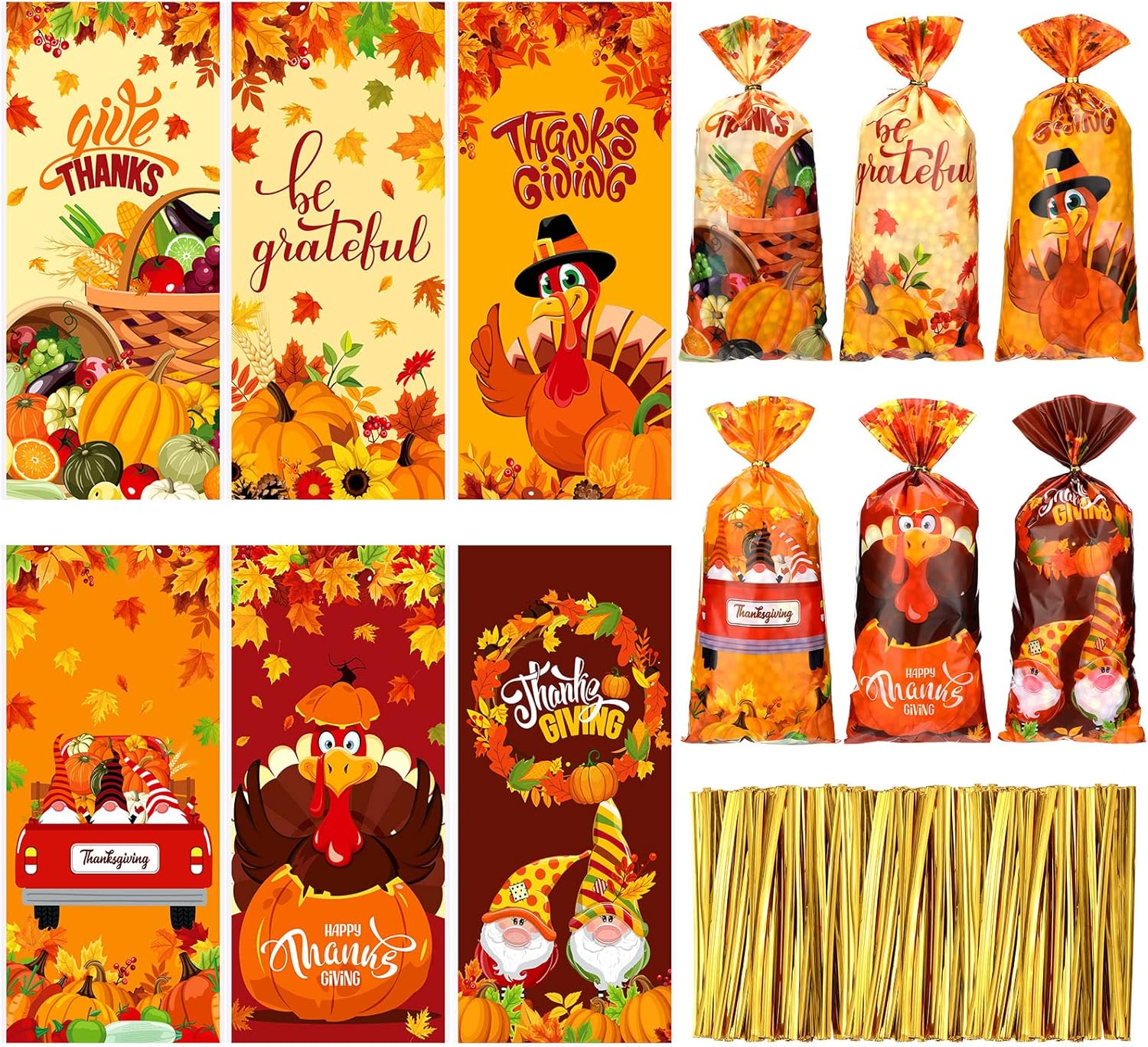 120 Pcs Thanksgiving Cellophane Bags with Gold Twist Ties