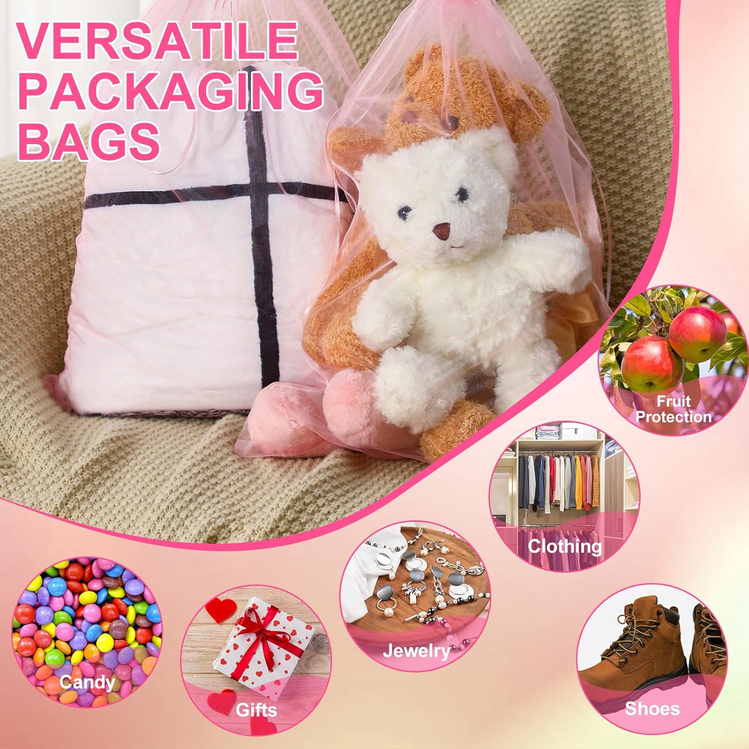 Sweetude 30 Pcs Extra Large Pink Drawstring Organza Bags