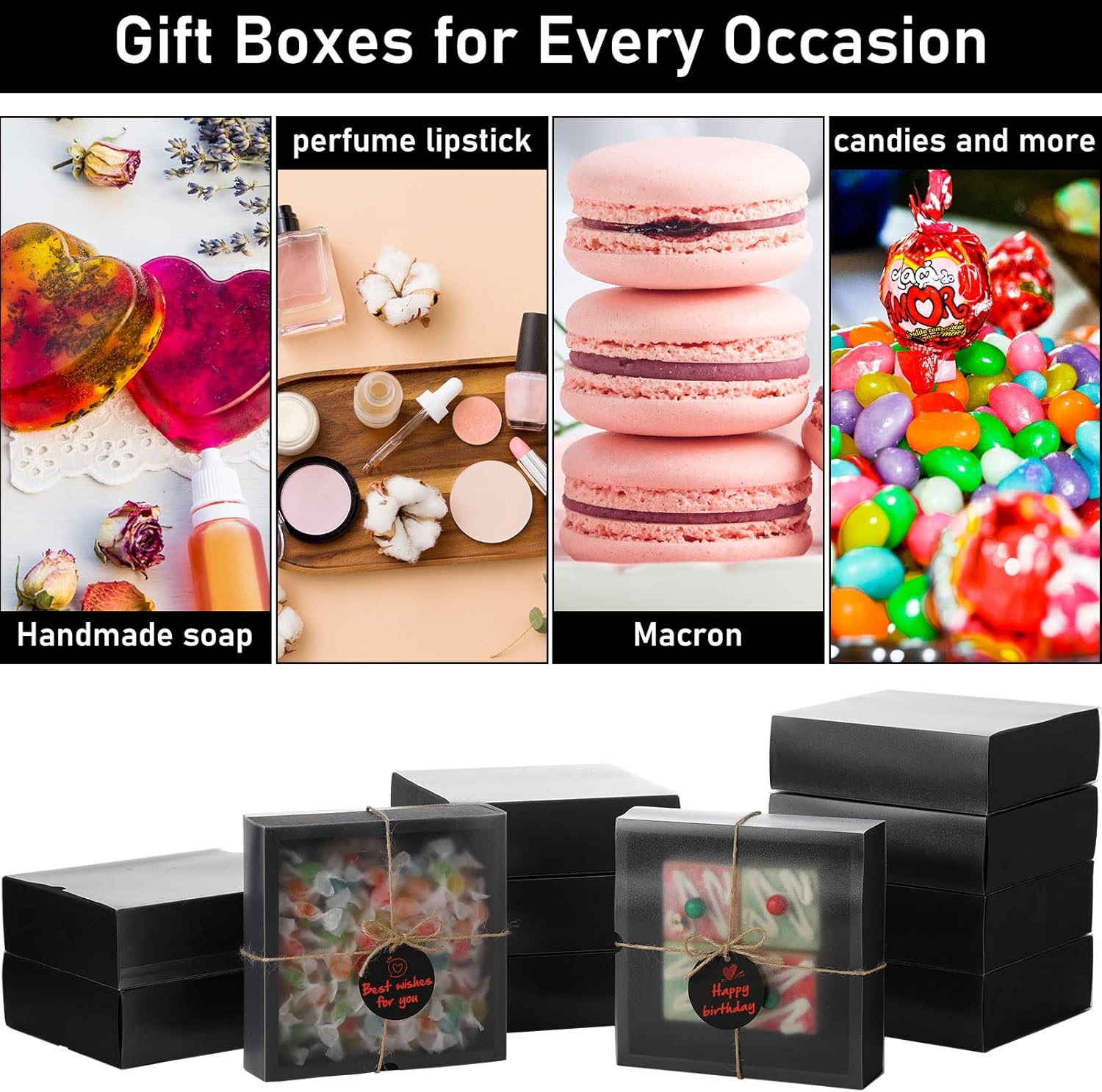 Roowest 50 pcs Rectangle Kraft Gift Boxes with Window Black 65x65x2 Inch