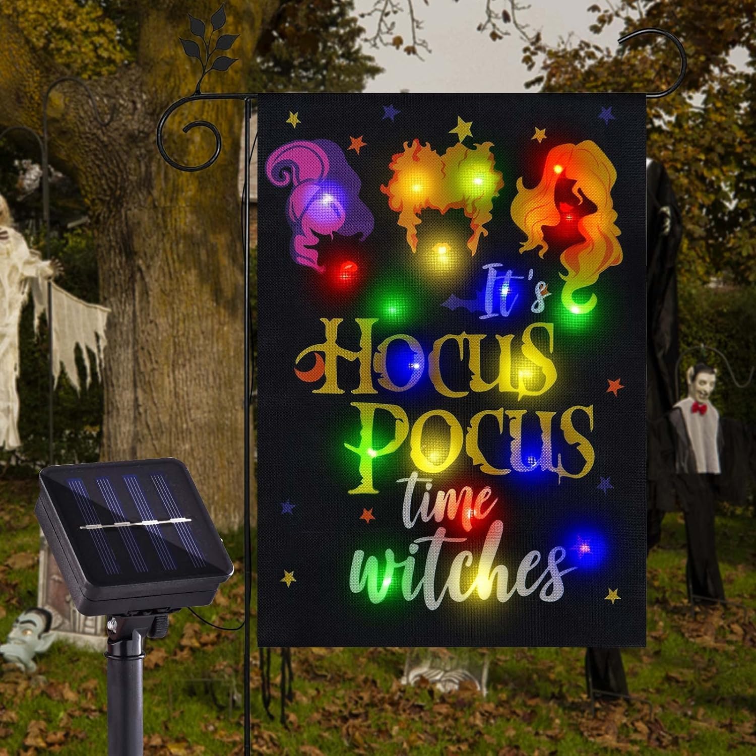 Solar Lighted Halloween Garden Flag Witches Decoration