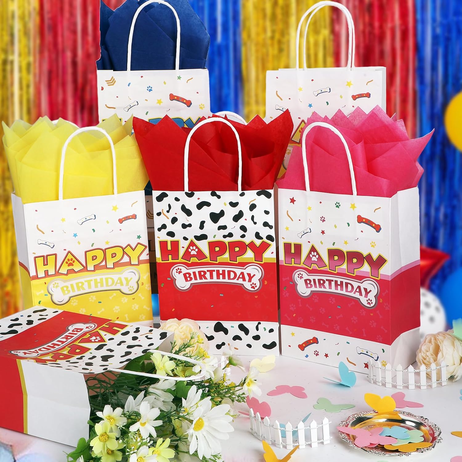 16 Pack Cartoon Dog Paw Gift Bags with Tissue Paper
