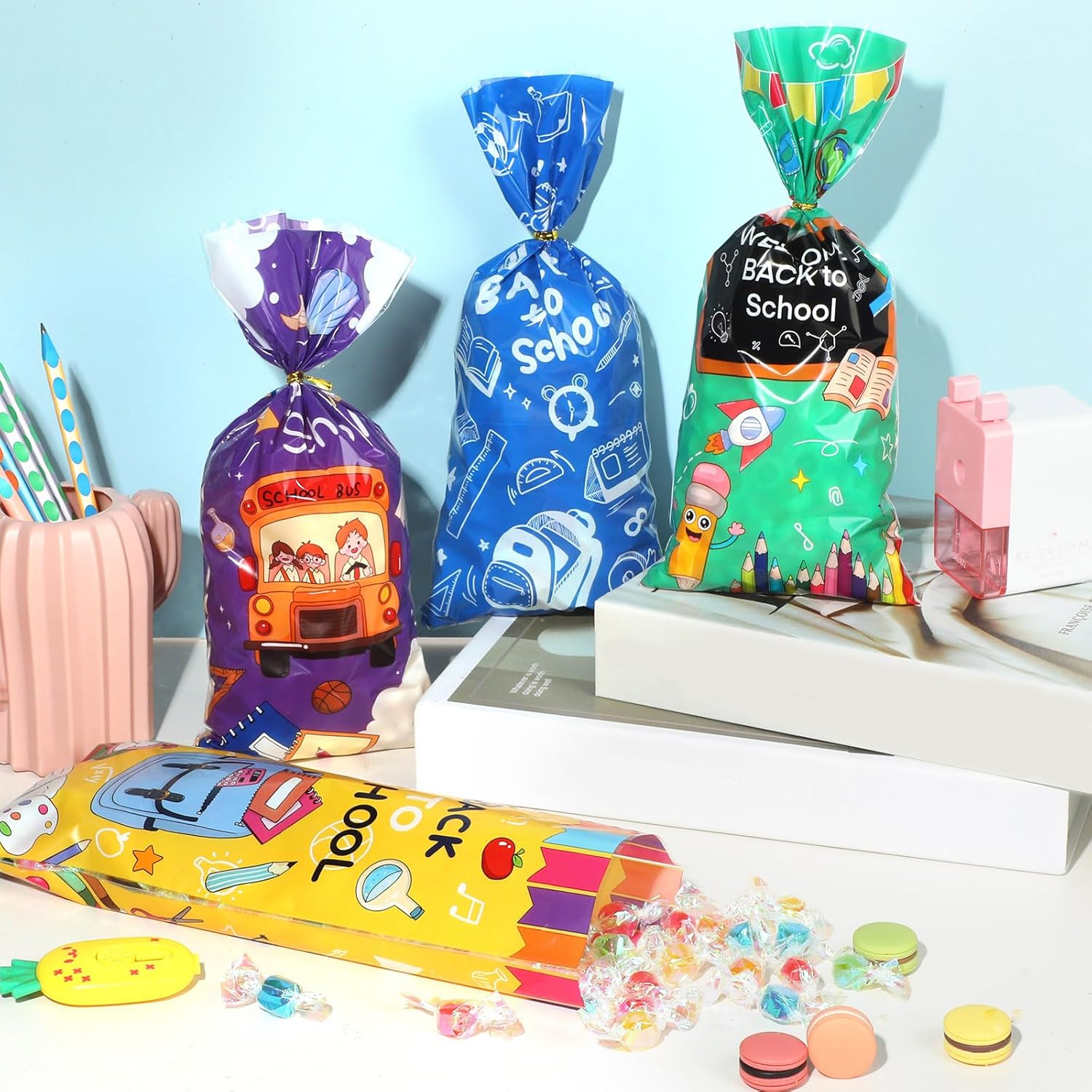 100 Pieces Back to School Cellophane Bags with Twist Ties