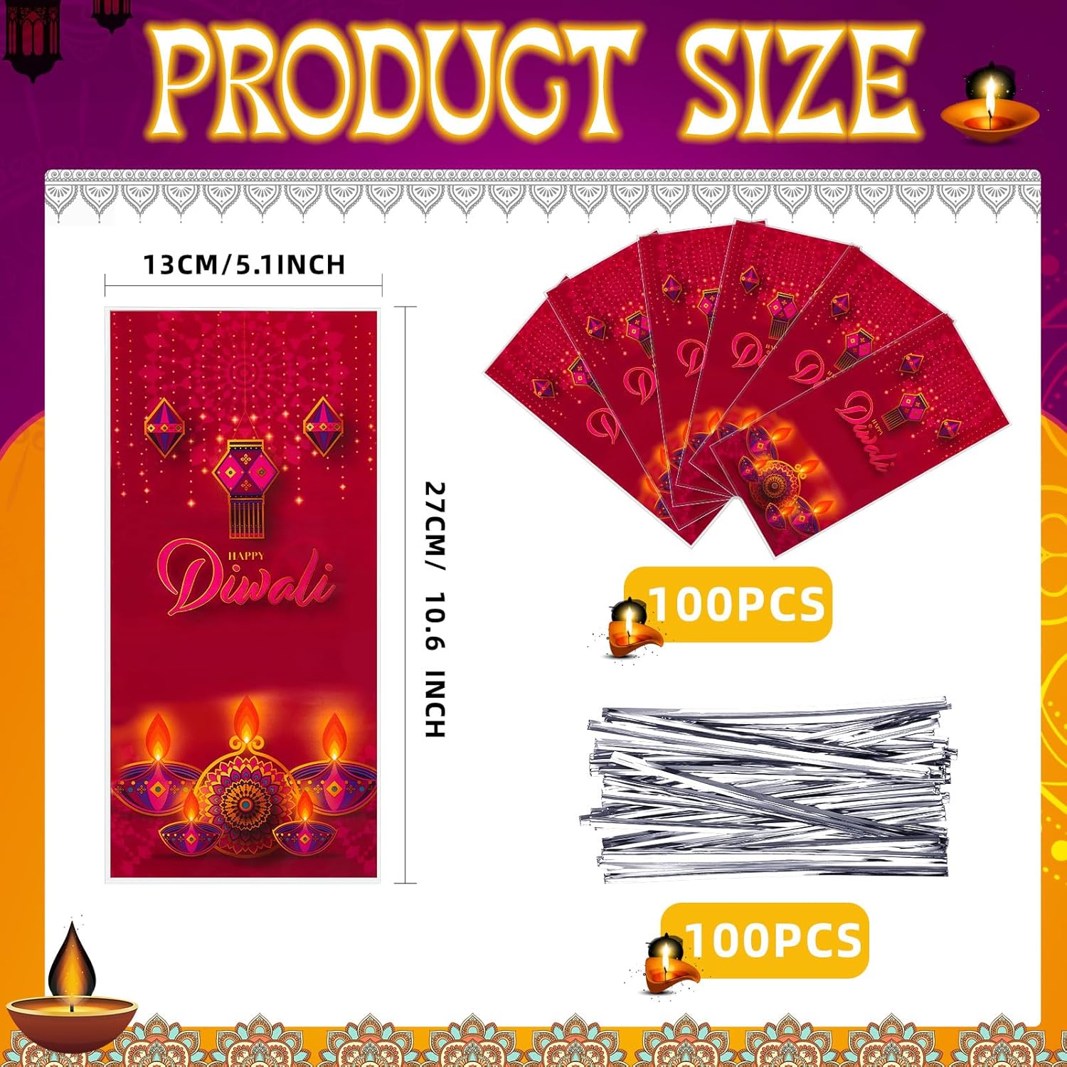 Tenceur 100 Pcs Diwali Cellophane Bags with Ties