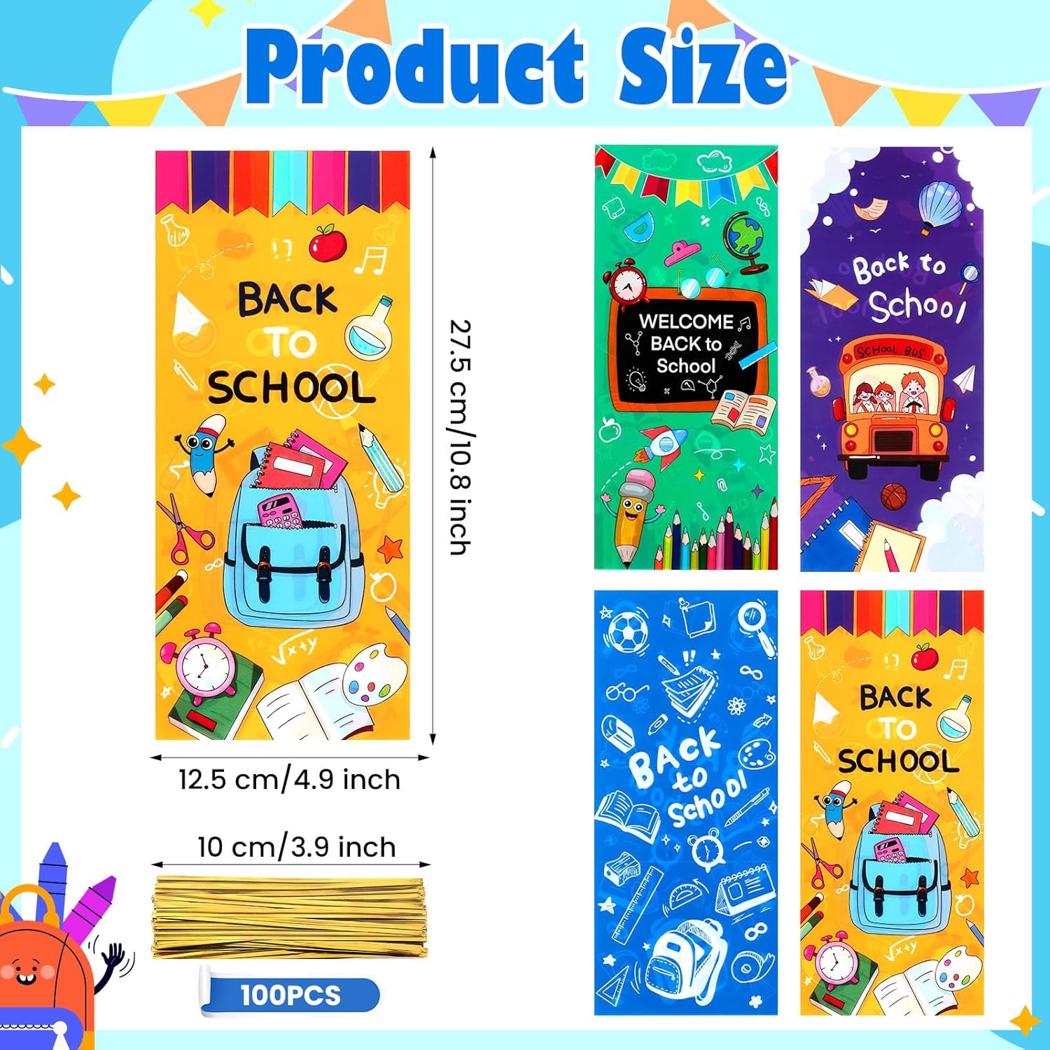 100 Pieces Back to School Cellophane Bags with Twist Ties