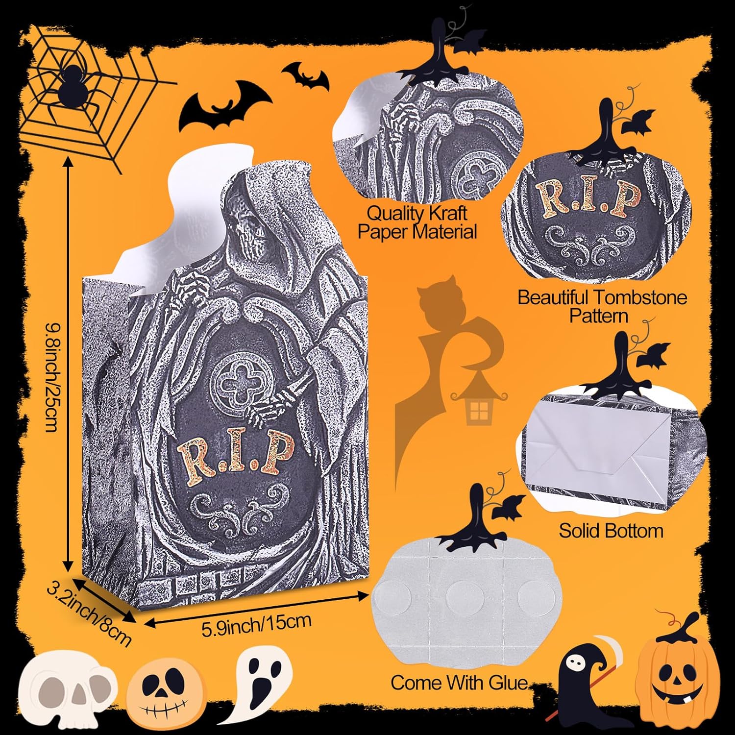 Yeaqee 48 Halloween Tombstone Candy Bags Ghost Design