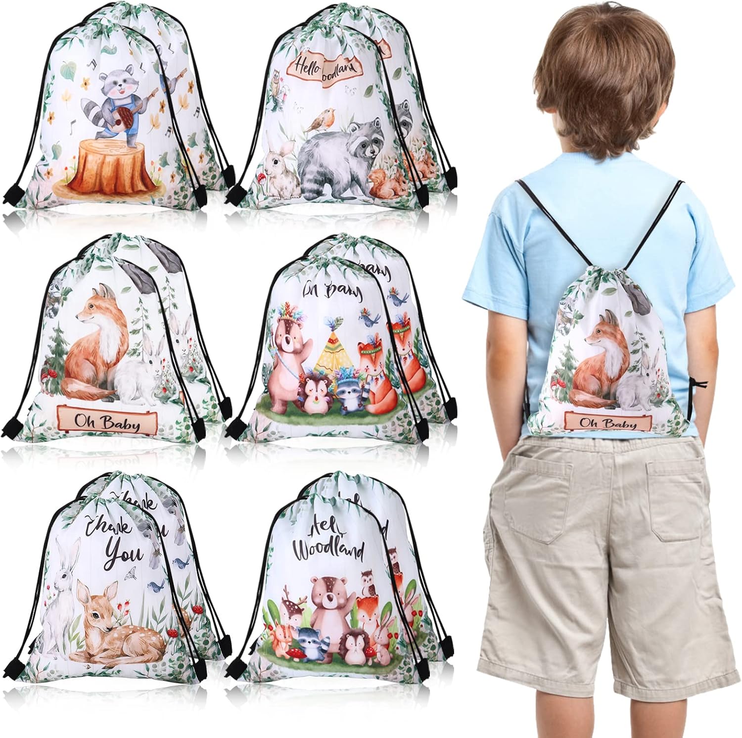 12Pcs Woodland Themed Drawstring Bags for Parties