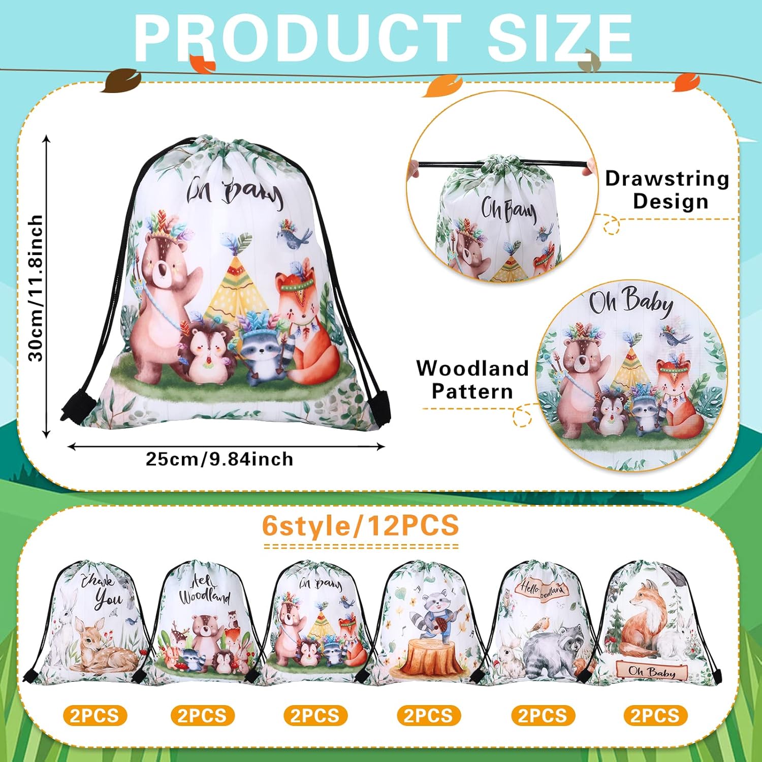 12Pcs Woodland Themed Drawstring Bags for Parties