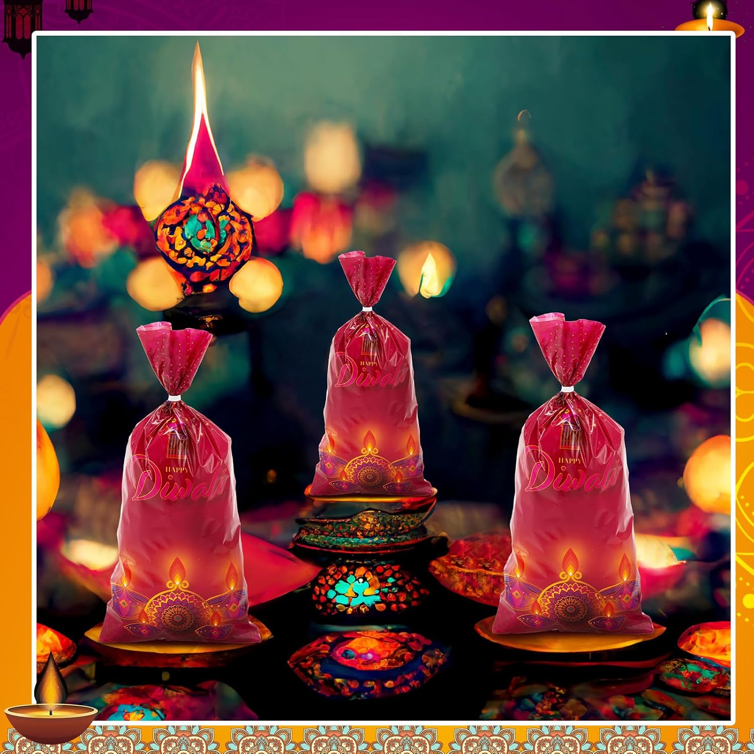Tenceur 100 Pcs Diwali Cellophane Bags with Ties