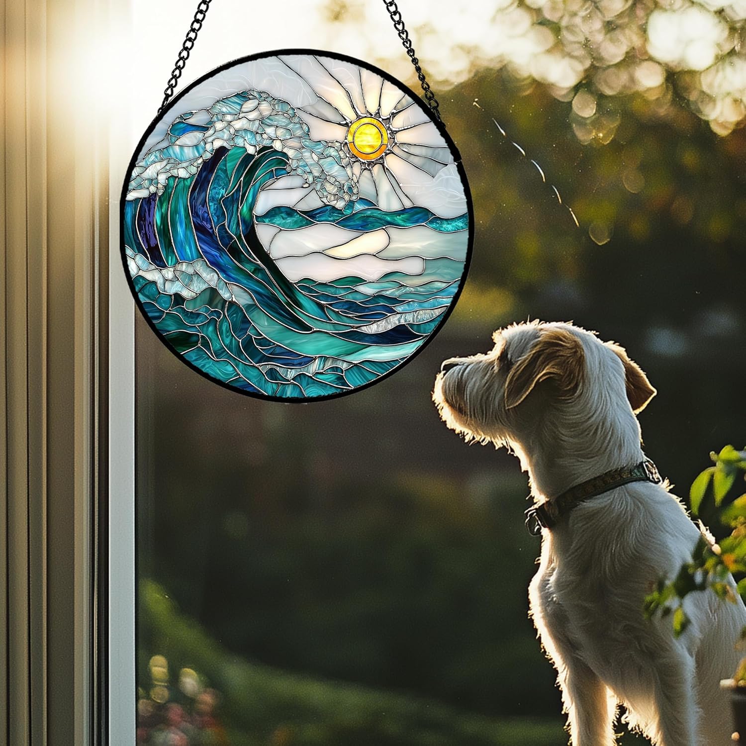 Stained Glass Window Hanging Blue Green Waves Suncatcher 78 Inches