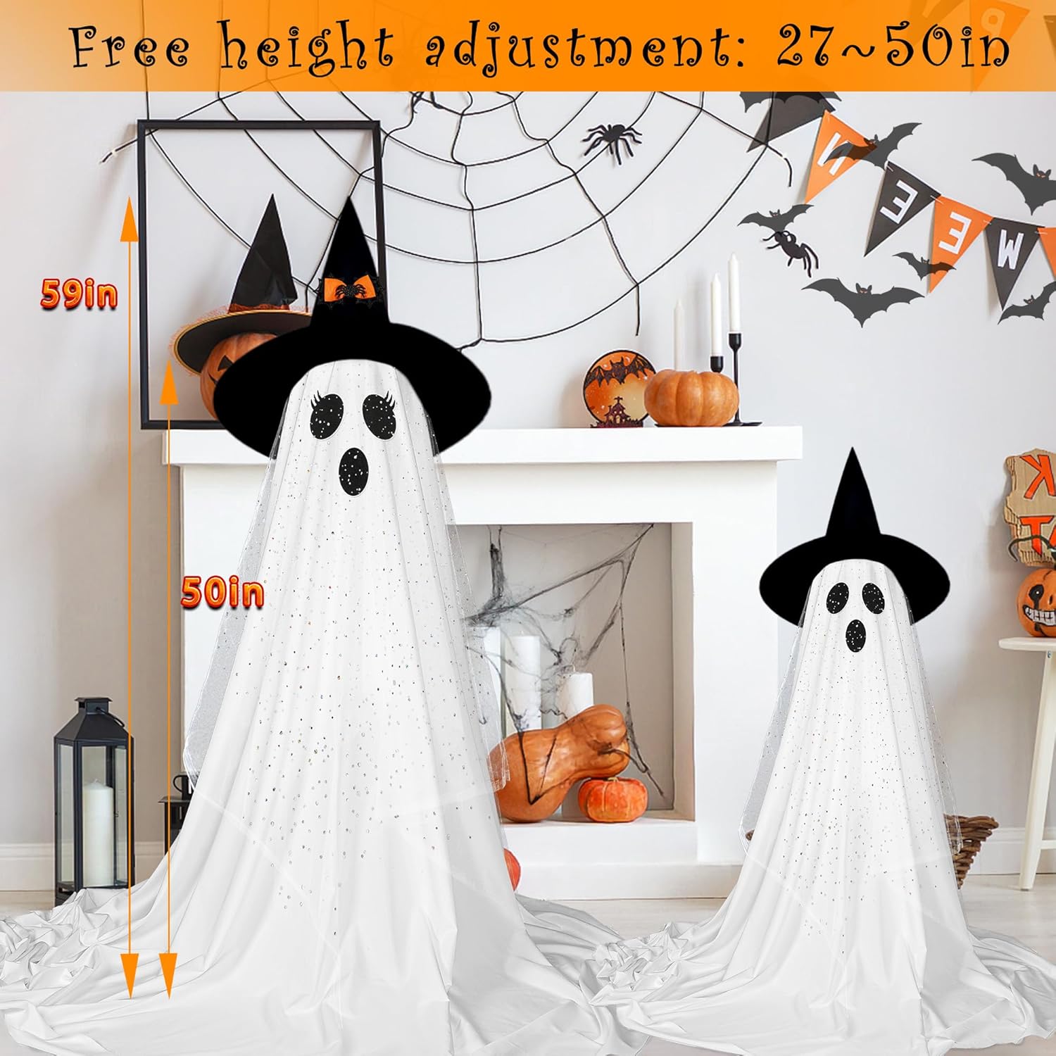 2Packs Halloween Ghost Decorations with Remote Control String Lights