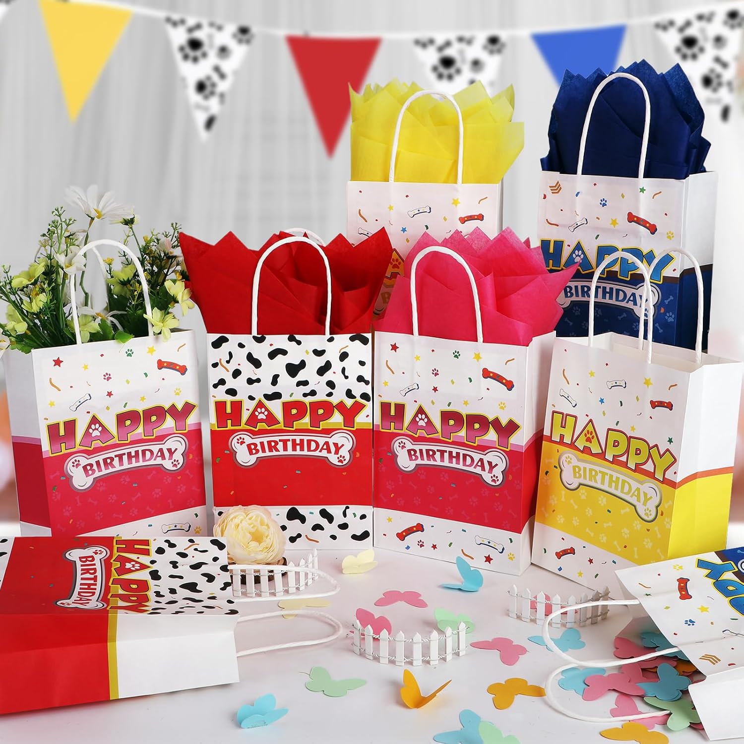 16 Pack Cartoon Dog Paw Gift Bags with Tissue Paper