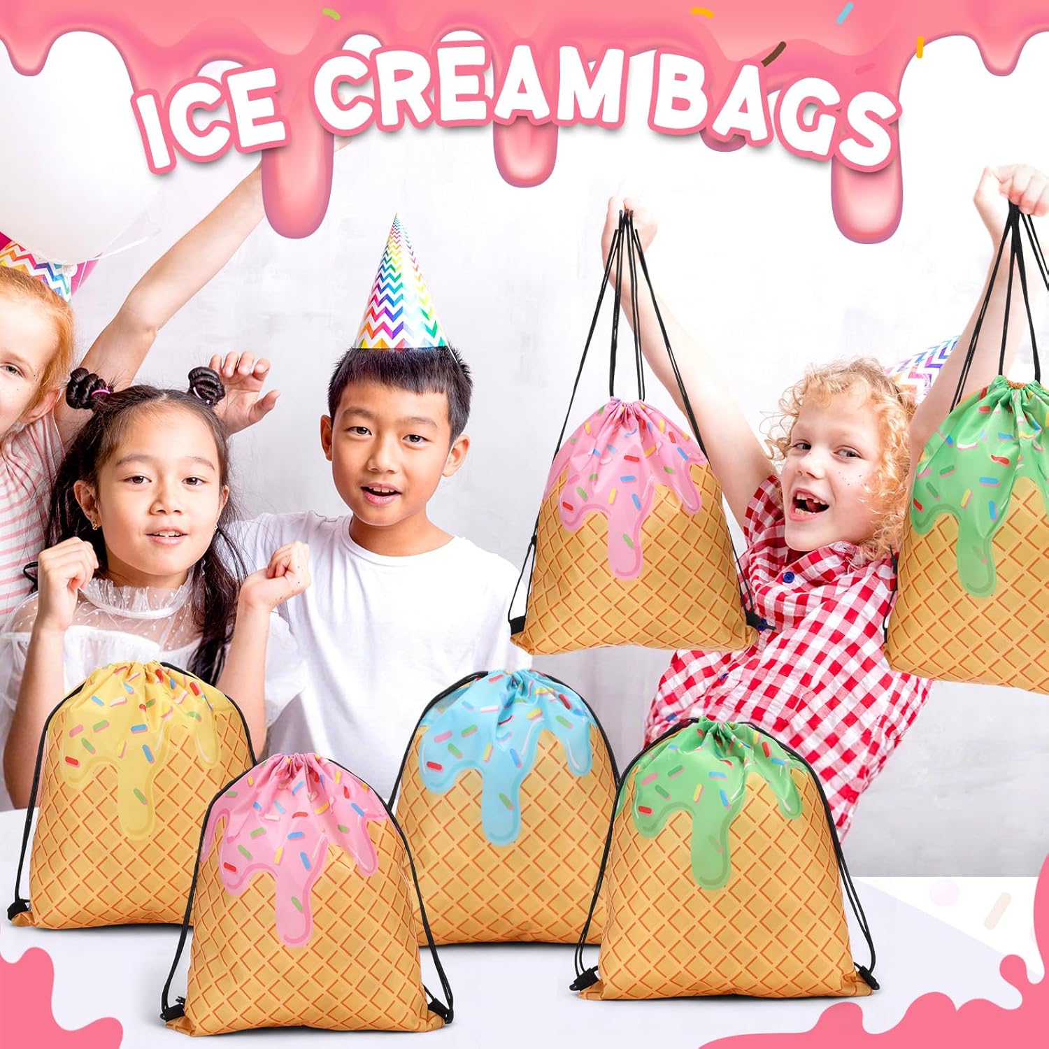 Sunnymove 16 Pcs Ice Cream Gift Bags Cute Drawstring Backpacks