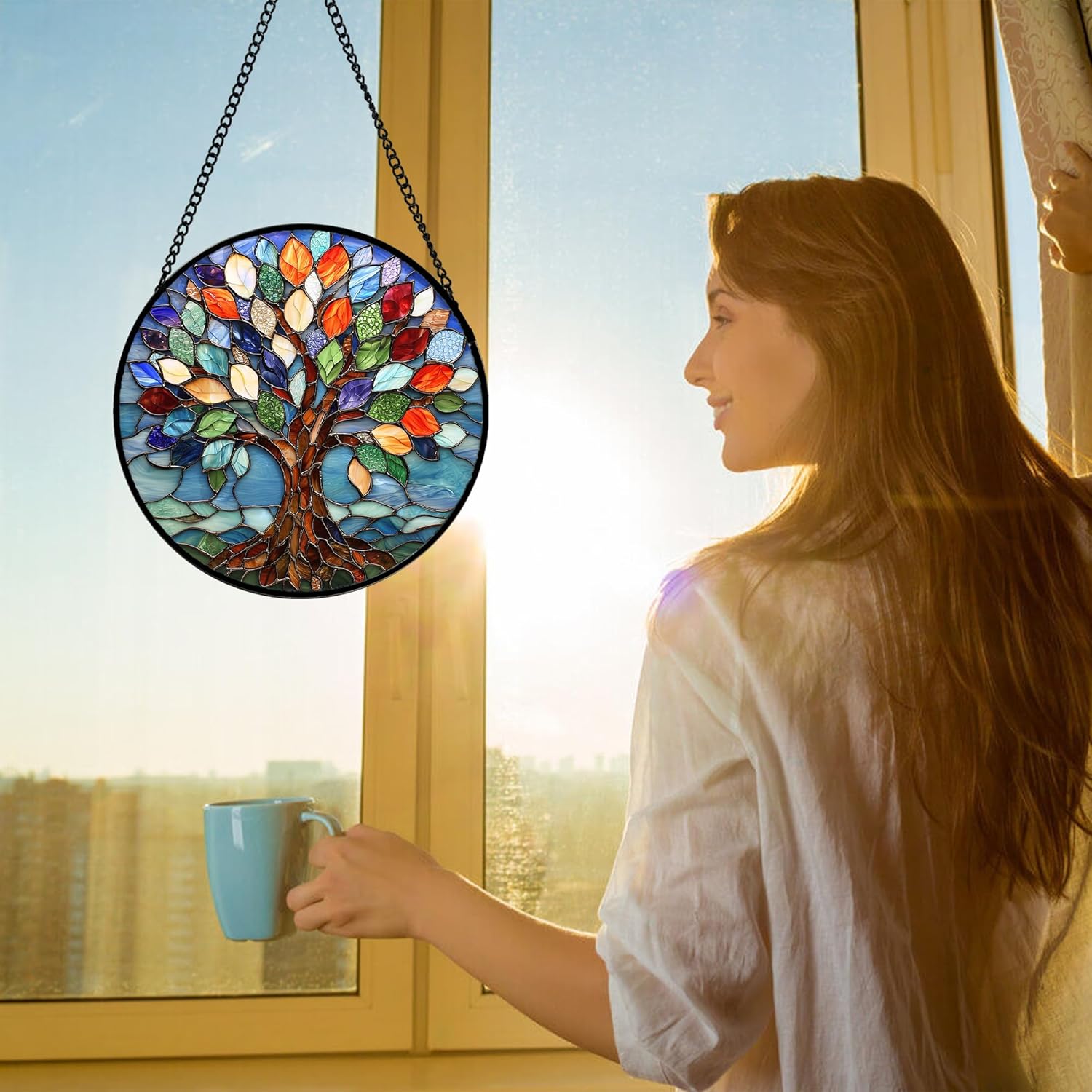 Stained Glass Window Hanging Blue Tree of Life Suncatcher
