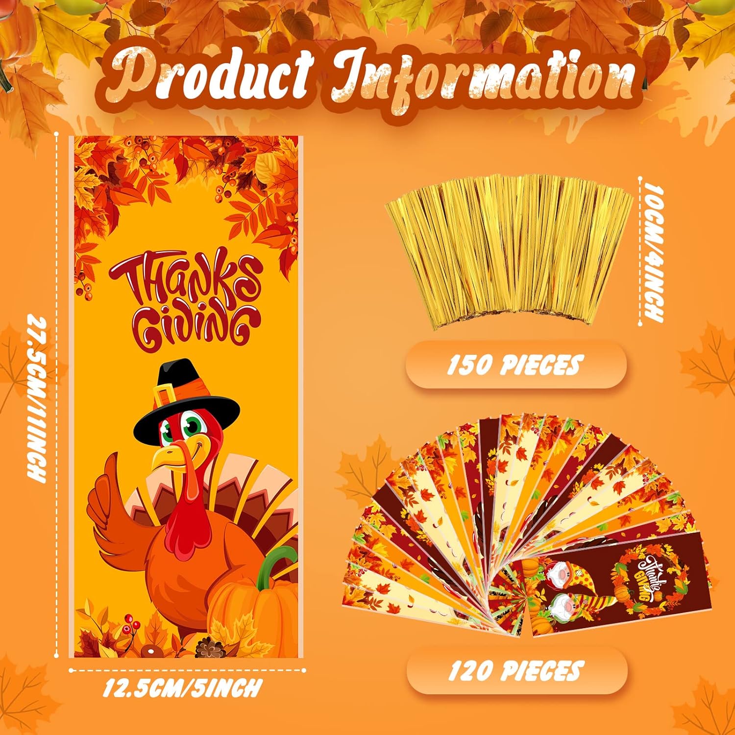 120 Pcs Thanksgiving Cellophane Bags with Gold Twist Ties