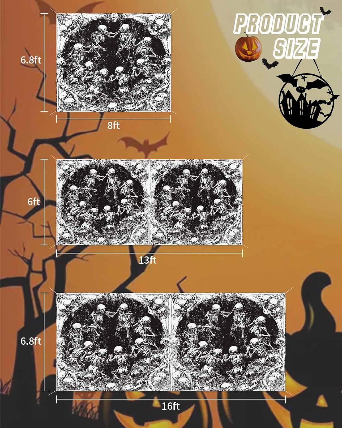 Halloween Skeletons Garage Door Cover 7x8ft Retro Modern Art Banner