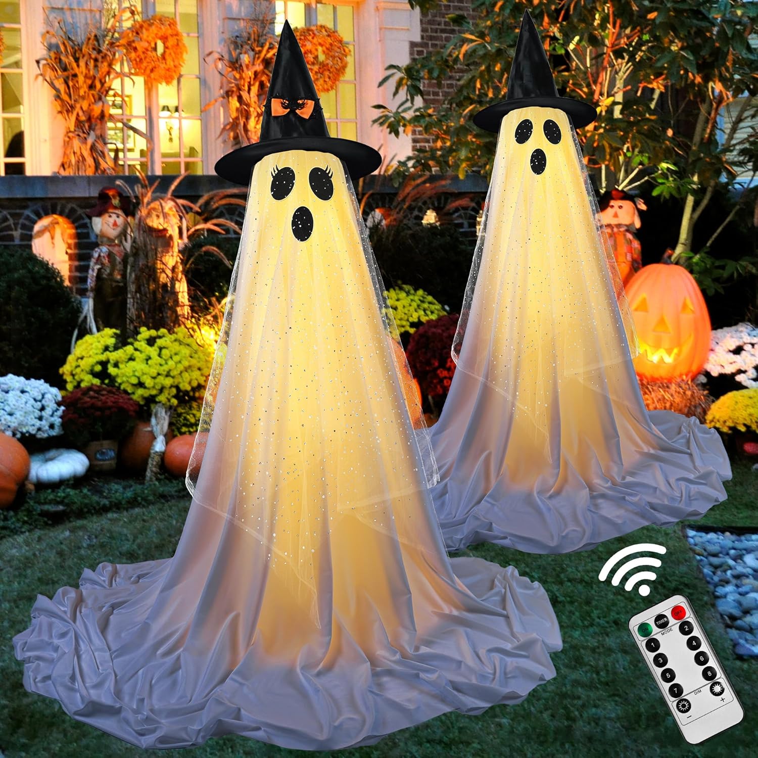 2Packs Halloween Ghost Decorations with Remote Control String Lights