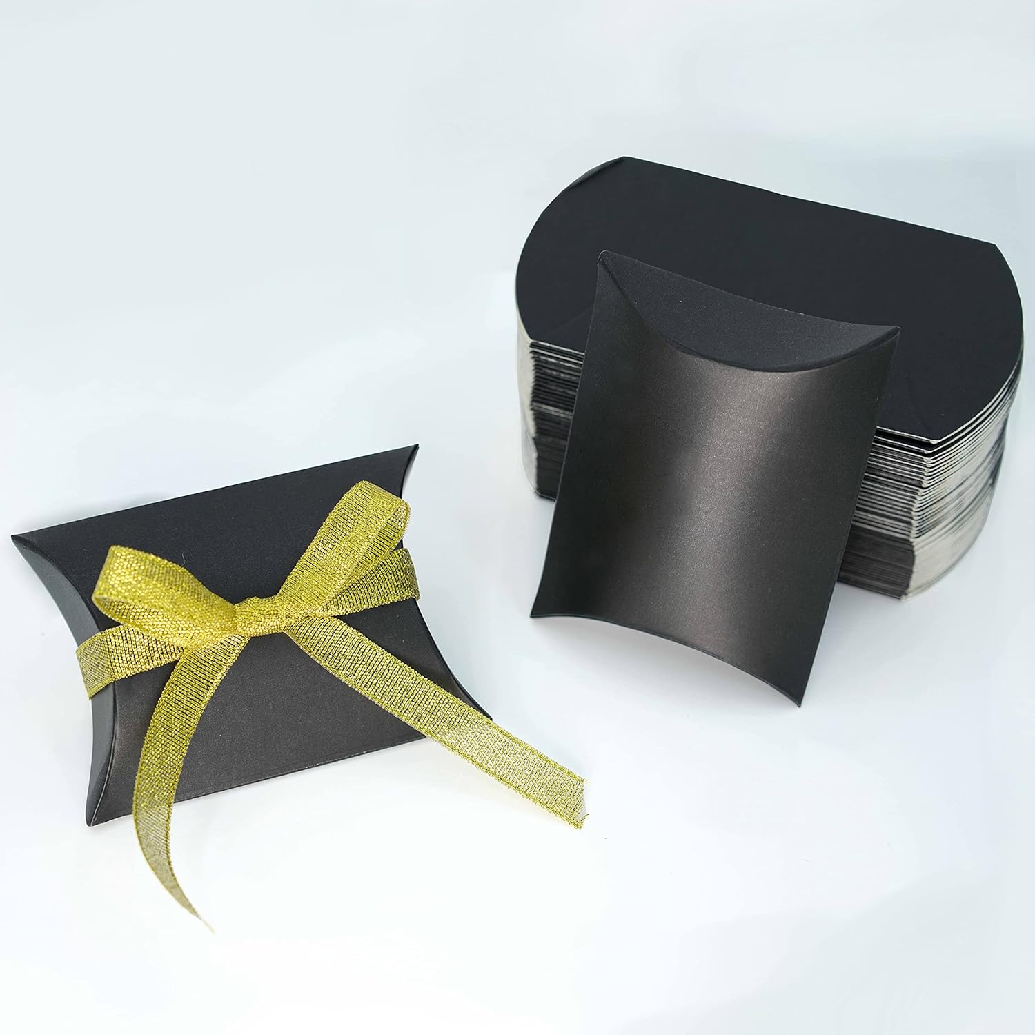 Black Kraft Pillow Candy Boxes with Gold Ribbon 50pc Set