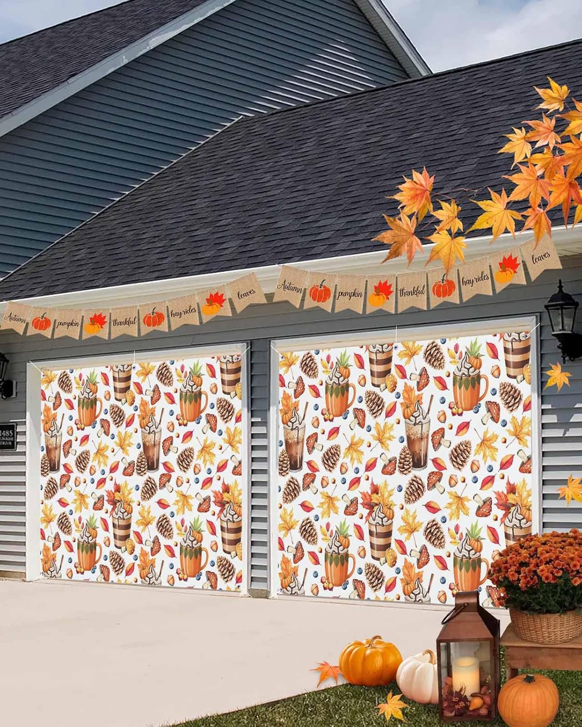 IDOWMAT Autumn Pumpkin Latte Banner 7x8ft Garage Door Cover
