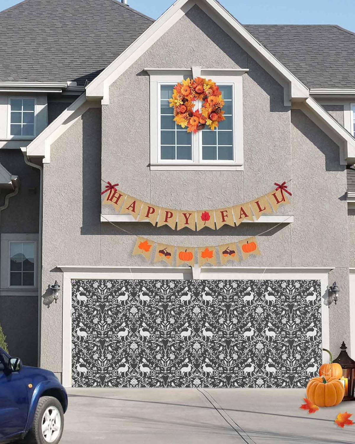 Grey Boho Reindeer Garage Door Cover 6x13ft with Grommets