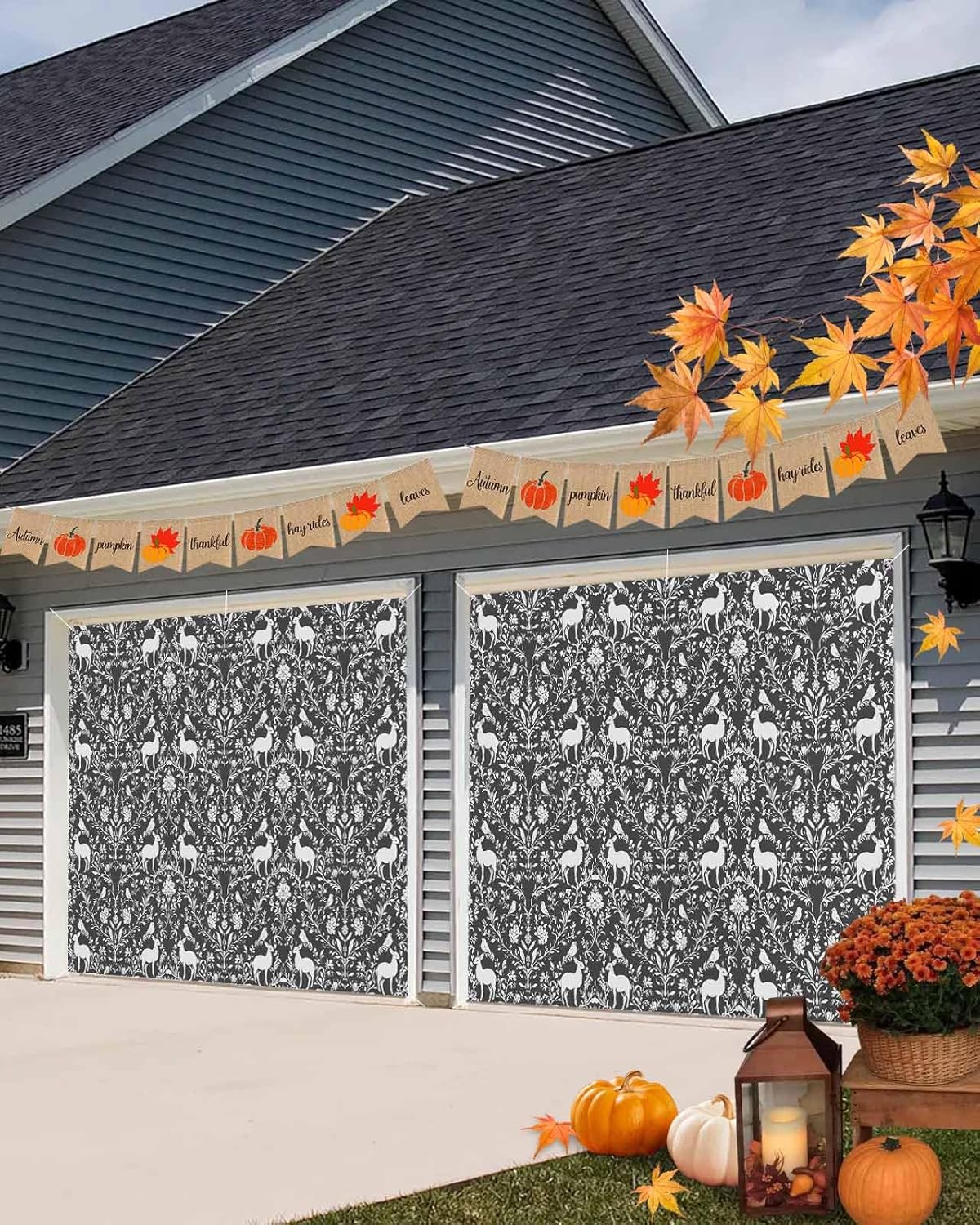 Grey Boho Reindeer Garage Door Cover 6x13ft with Grommets